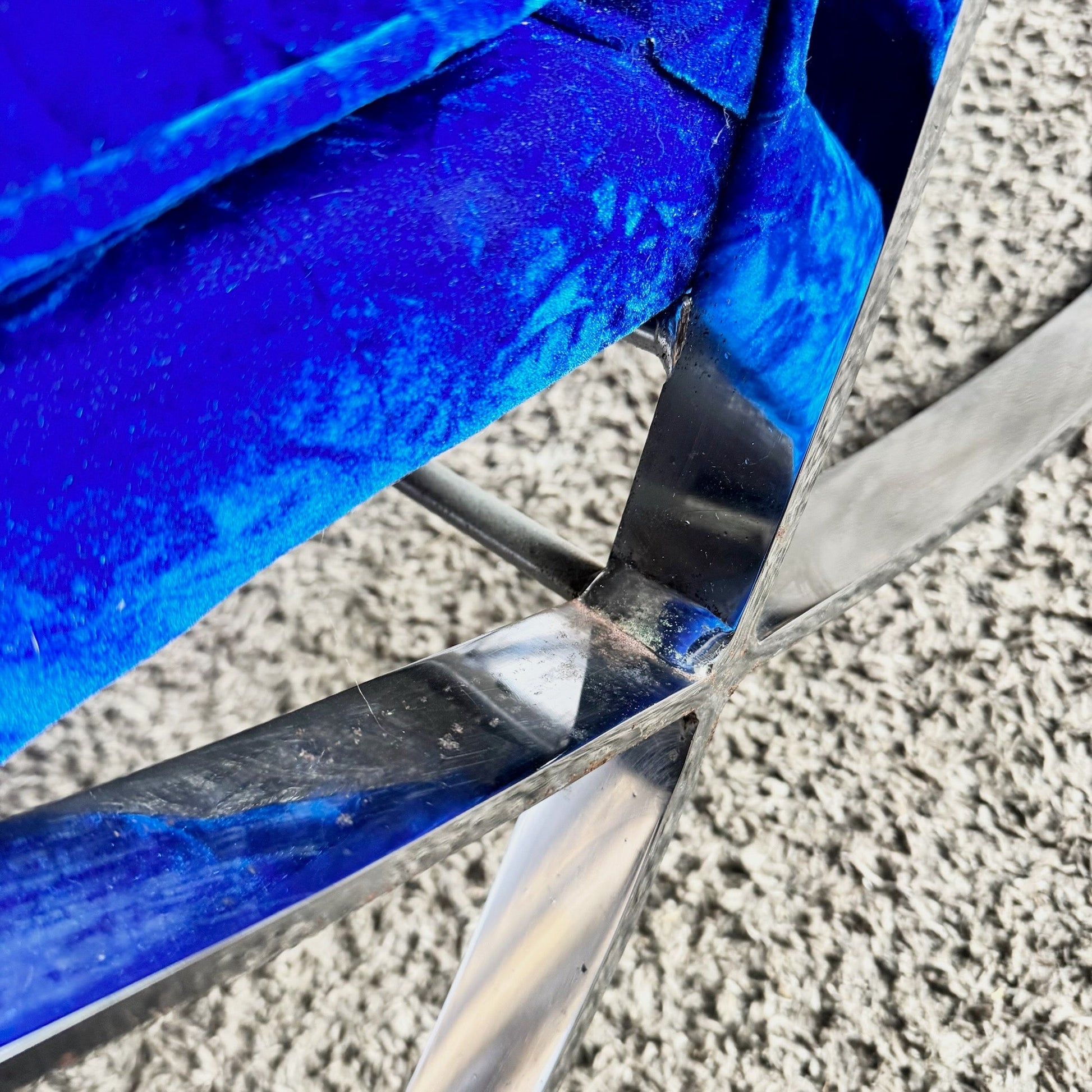 Mid Century Modern Chrome Scissor X Lounge Chairs With Blue Fabric - A Pair Dolphin & Flamingo