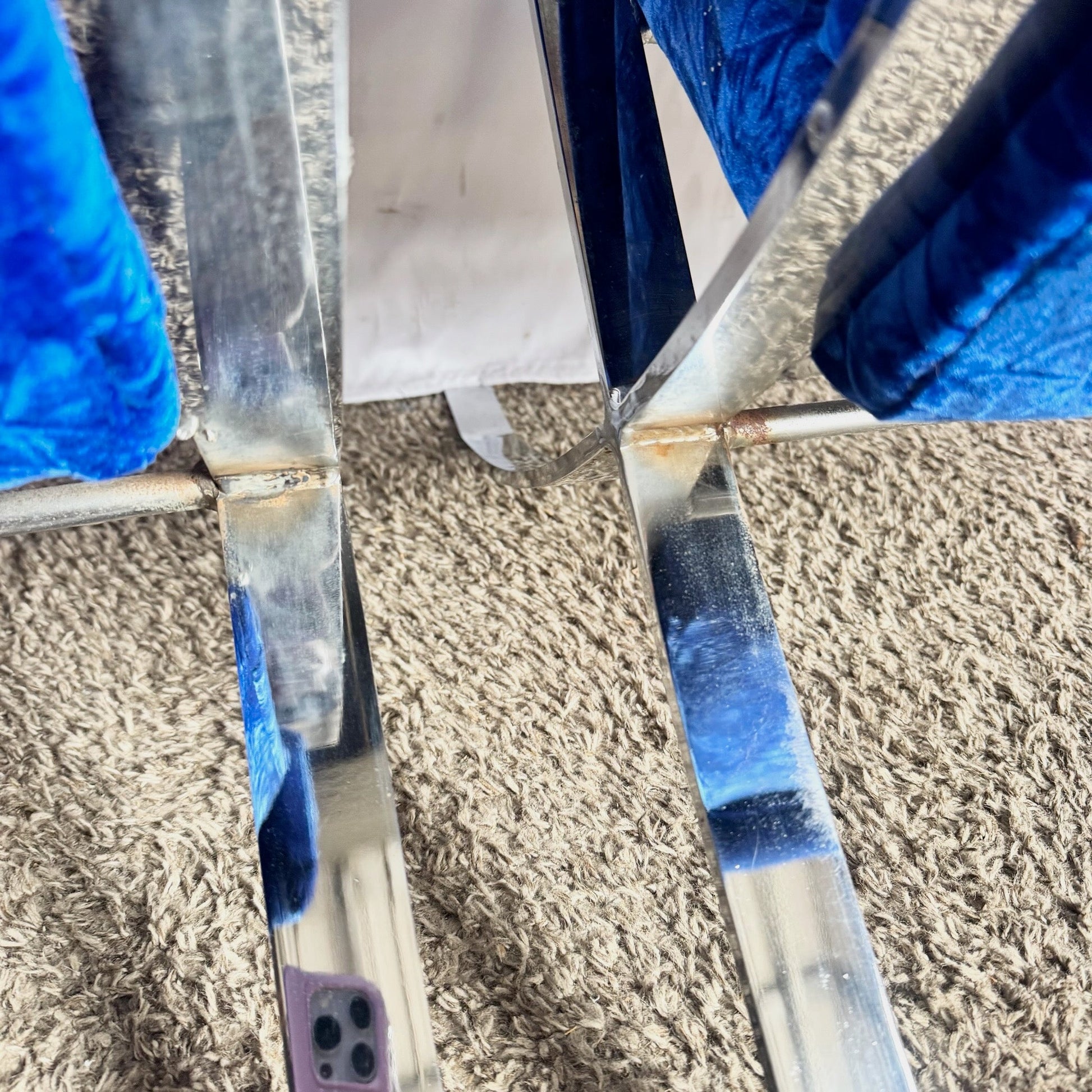 Mid Century Modern Chrome Scissor X Lounge Chairs With Blue Fabric - A Pair Dolphin & Flamingo