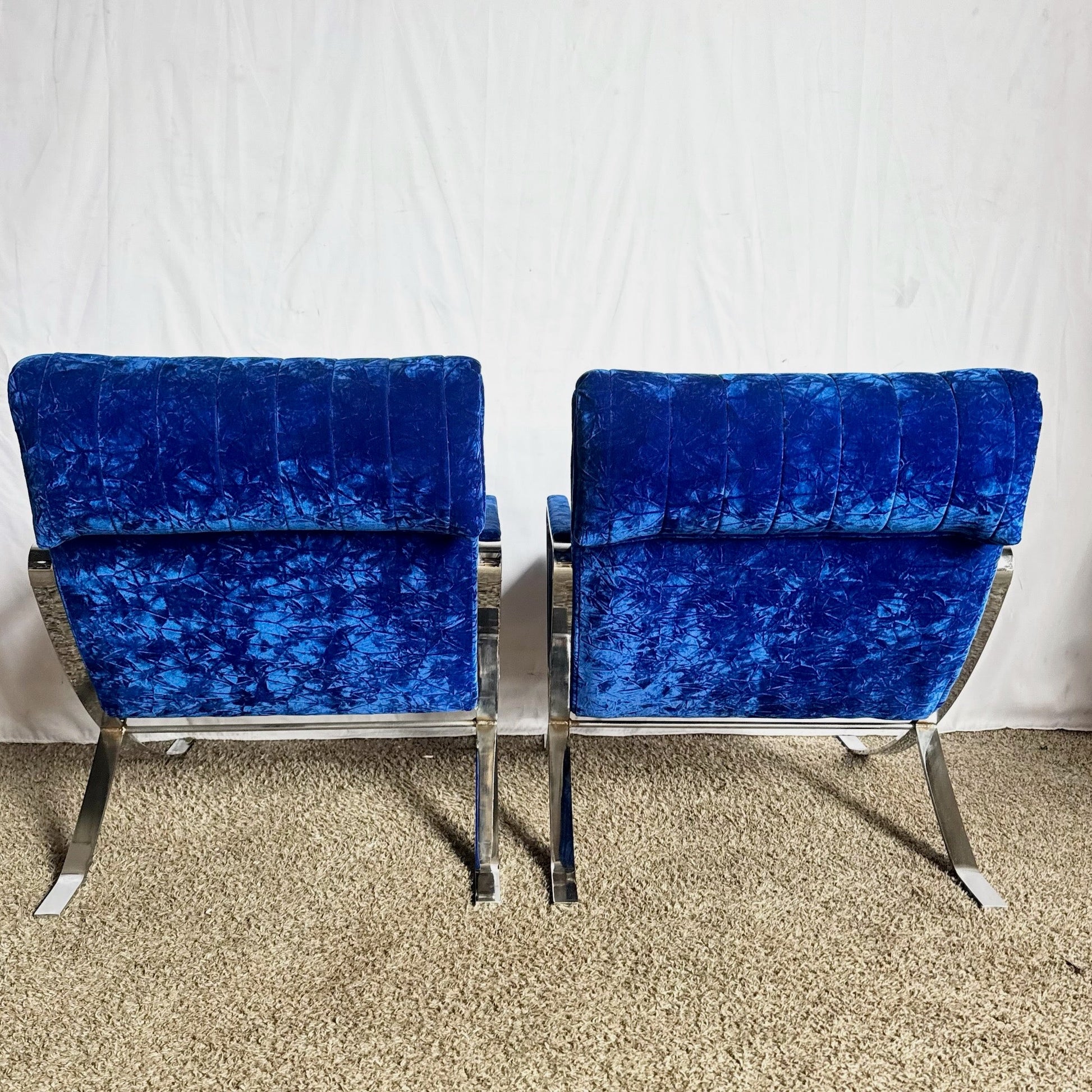 Mid Century Modern Chrome Scissor X Lounge Chairs With Blue Fabric - A Pair Dolphin & Flamingo