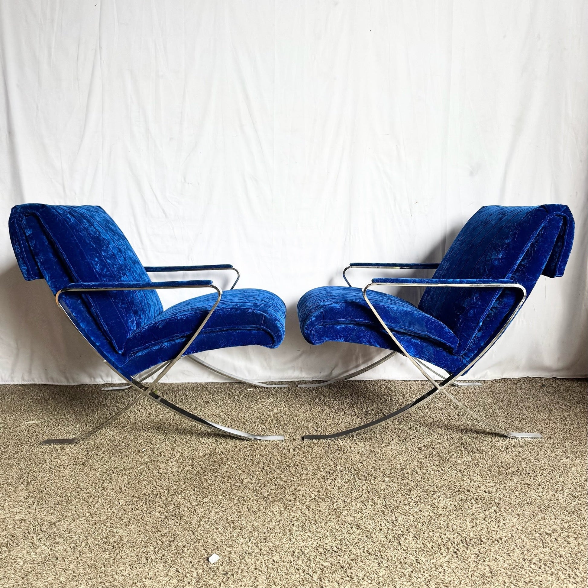 Mid Century Modern Chrome Scissor X Lounge Chairs With Blue Fabric - A Pair Dolphin & Flamingo