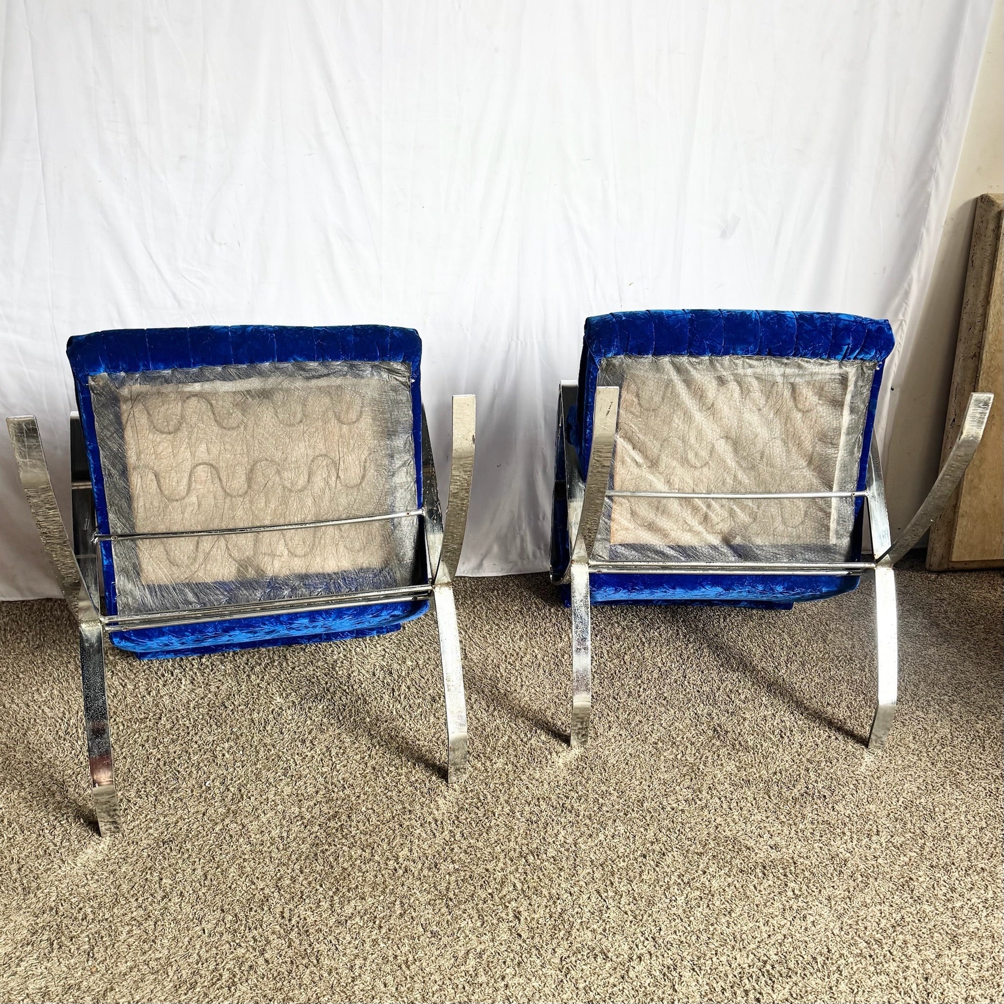 Mid Century Modern Chrome Scissor X Lounge Chairs With Blue Fabric - A Pair Dolphin & Flamingo