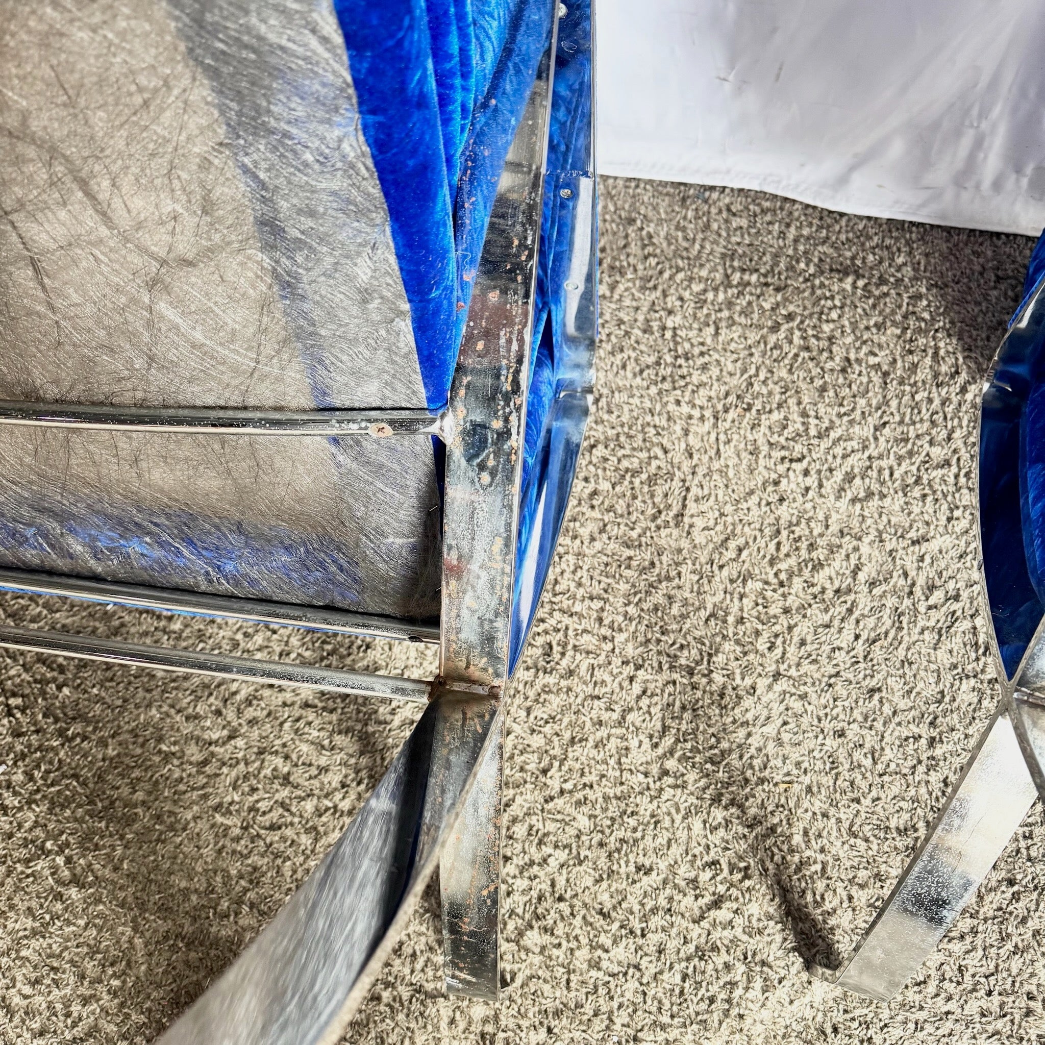 Mid Century Modern Chrome Scissor X Lounge Chairs With Blue Fabric - A Pair Dolphin & Flamingo
