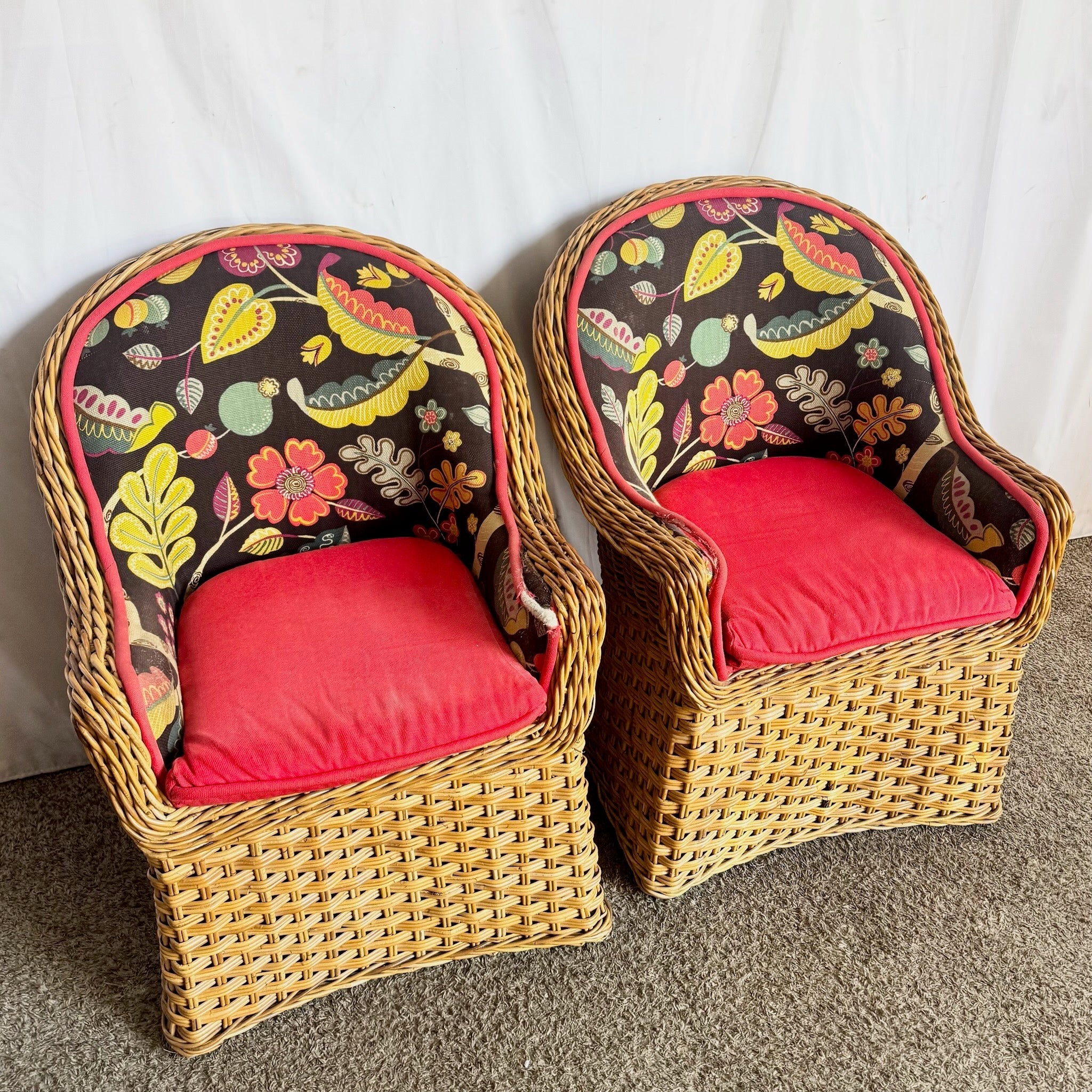 Vintage Boho Chic Wicker Lounge Chairs - A Pair Dolphin & Flamingo