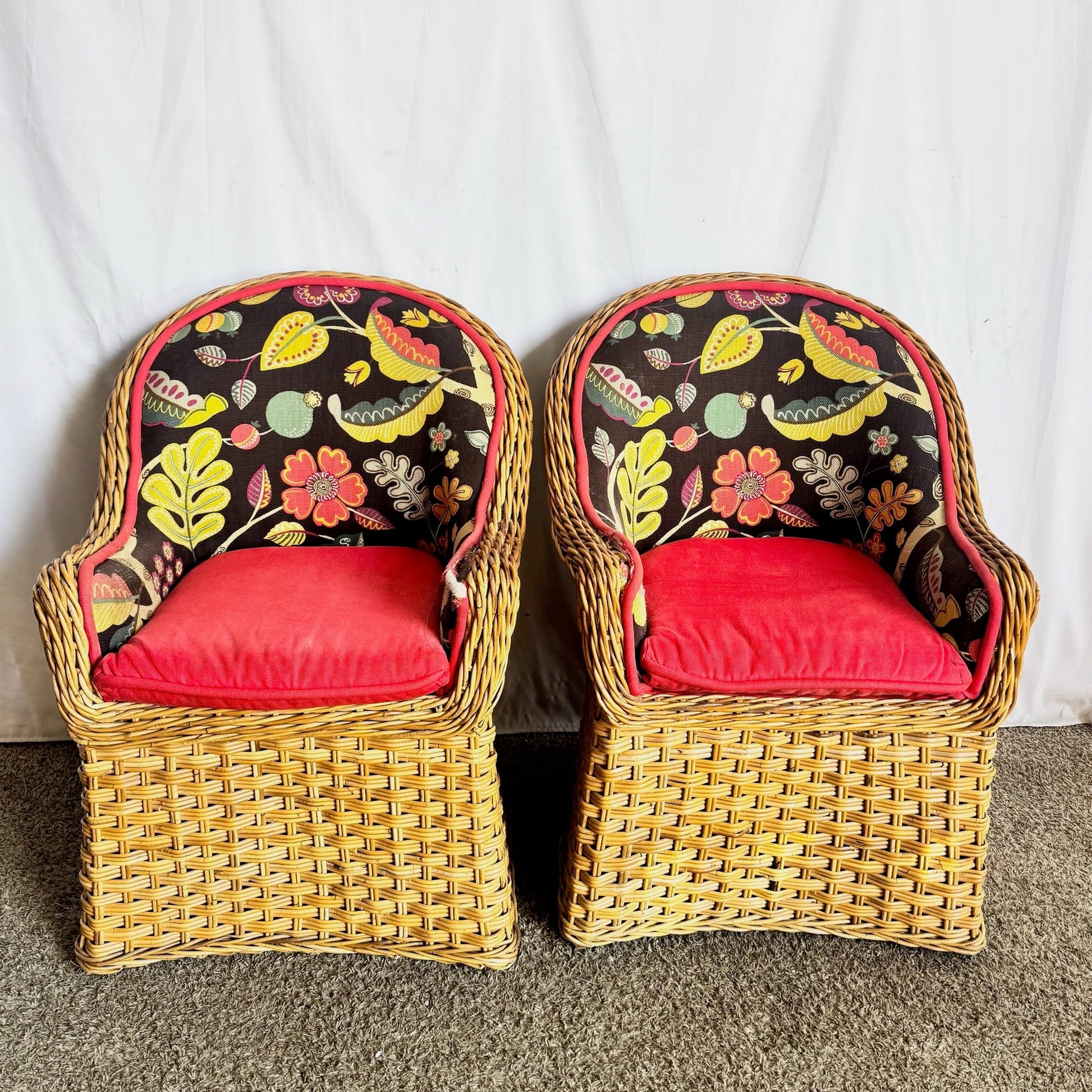 Vintage Boho Chic Wicker Lounge Chairs - A Pair Dolphin & Flamingo