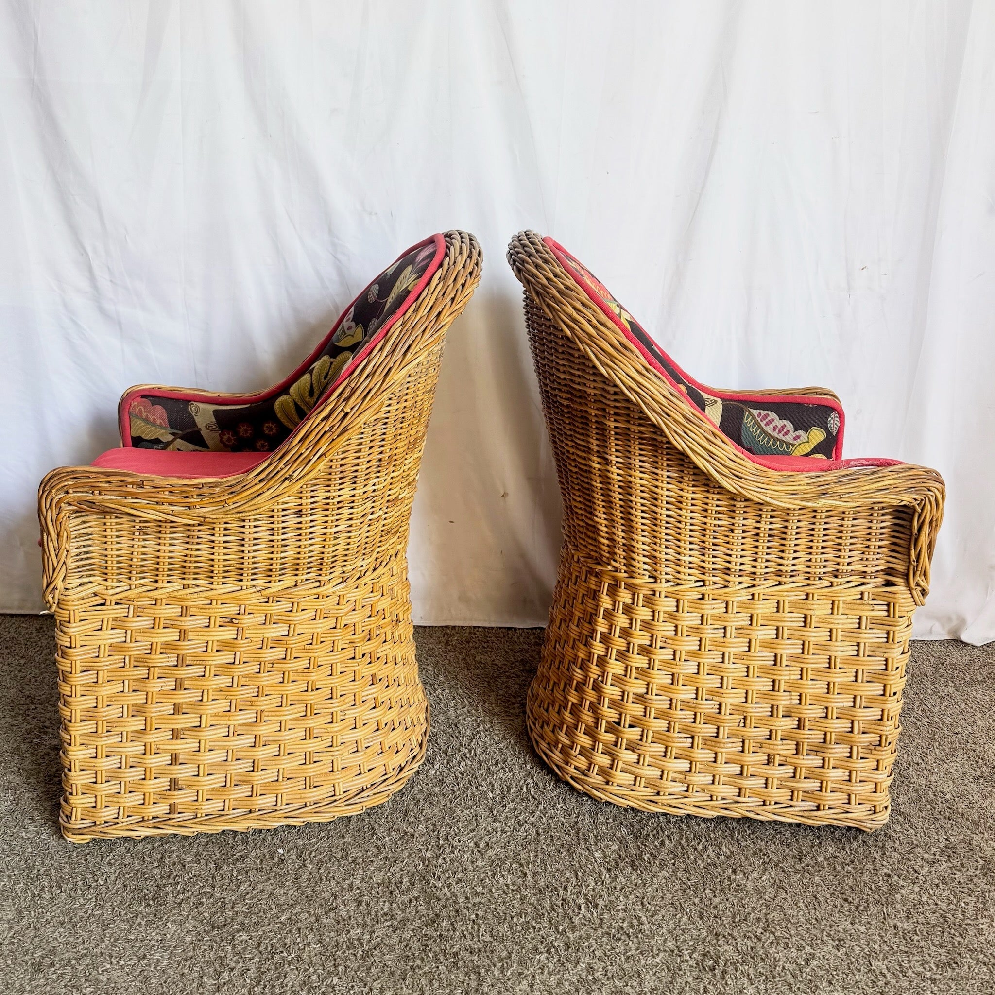 Vintage Boho Chic Wicker Lounge Chairs - A Pair Dolphin & Flamingo