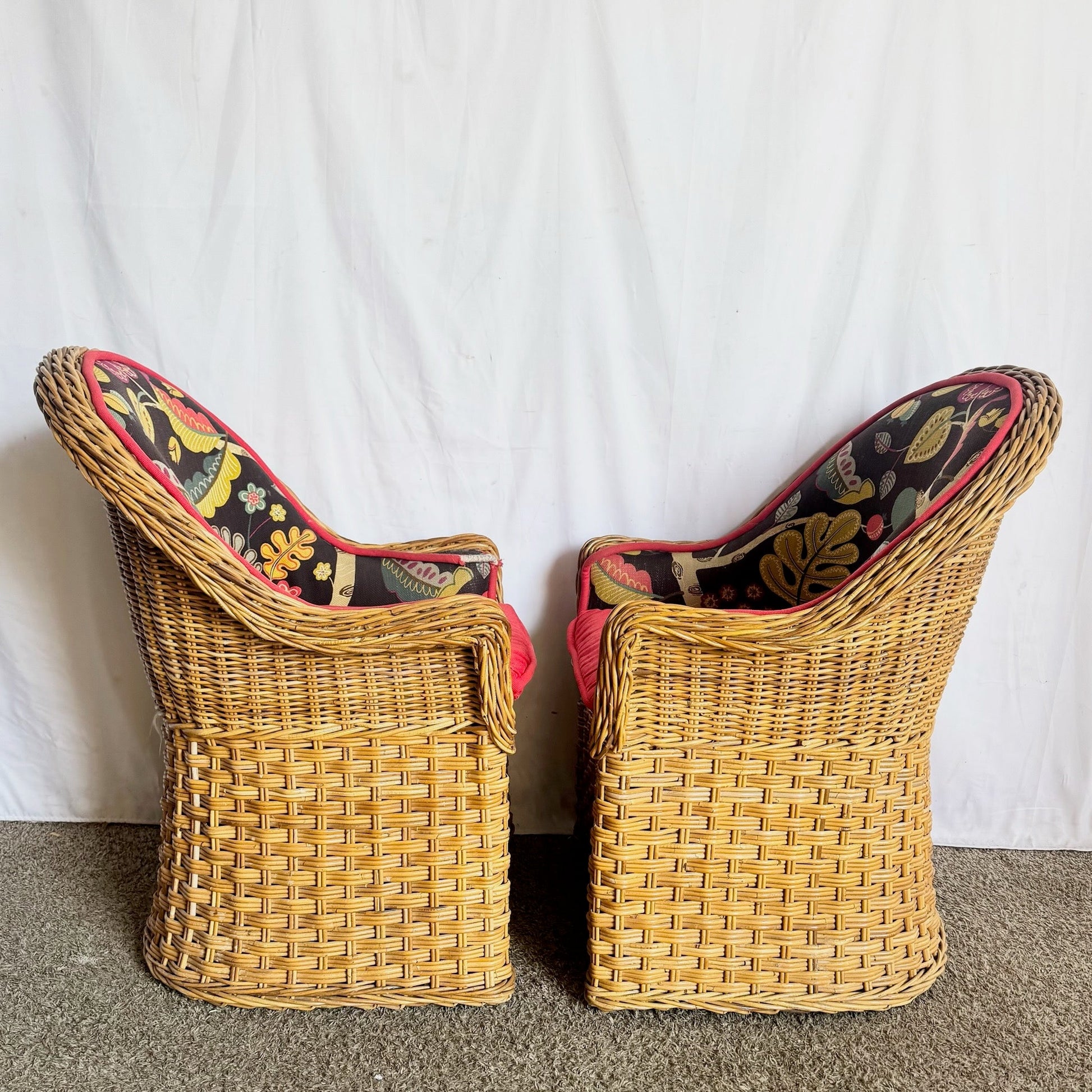 Vintage Boho Chic Wicker Lounge Chairs - A Pair Dolphin & Flamingo
