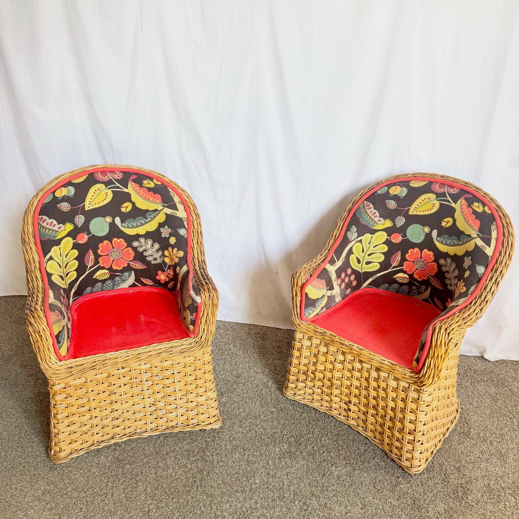 Vintage Boho Chic Wicker Lounge Chairs - A Pair Dolphin & Flamingo