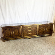 Hollywood Regency Burlwood and Brass Credenza by Mastercraft Dolphin & Flamingo