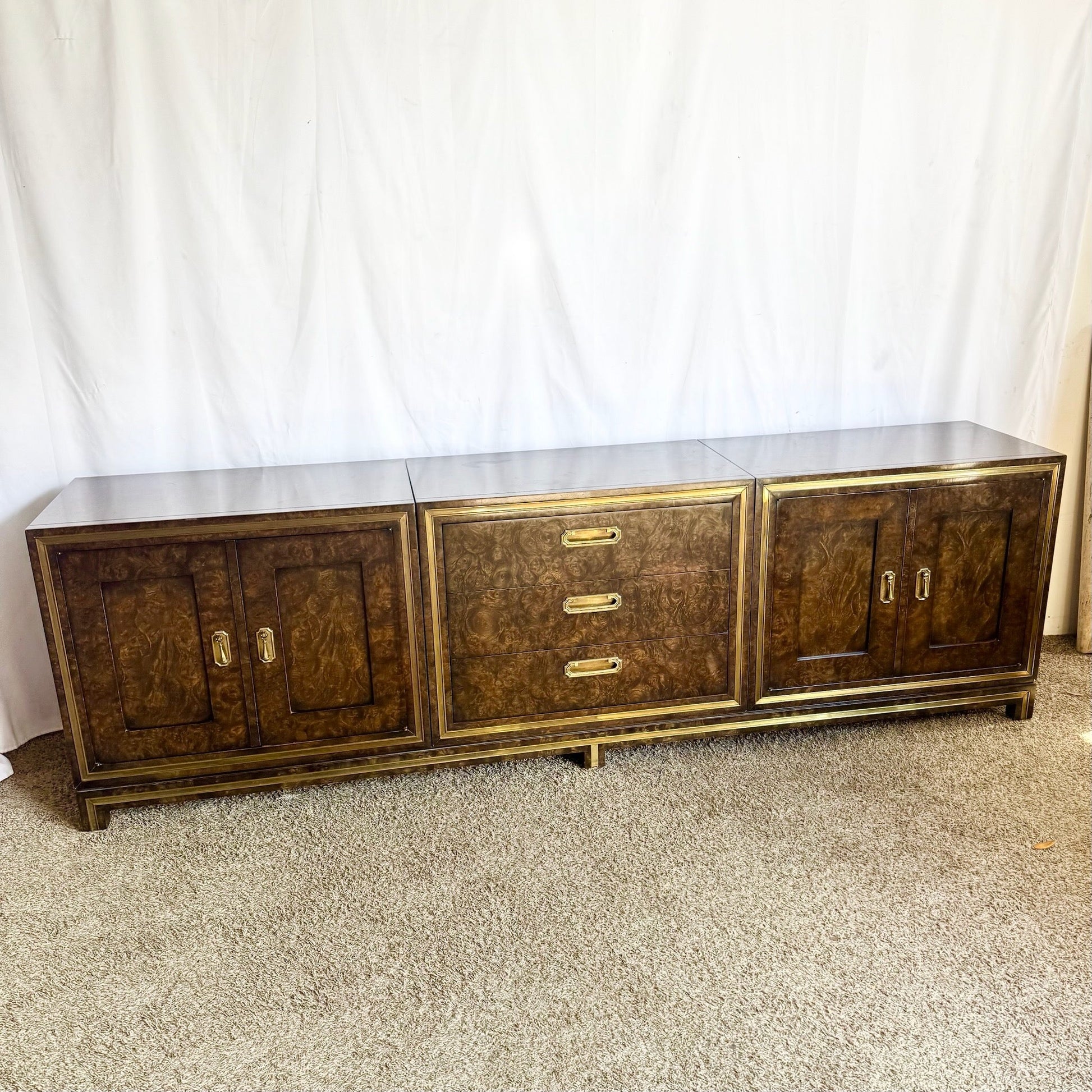 Hollywood Regency Burlwood and Brass Credenza by Mastercraft Dolphin & Flamingo