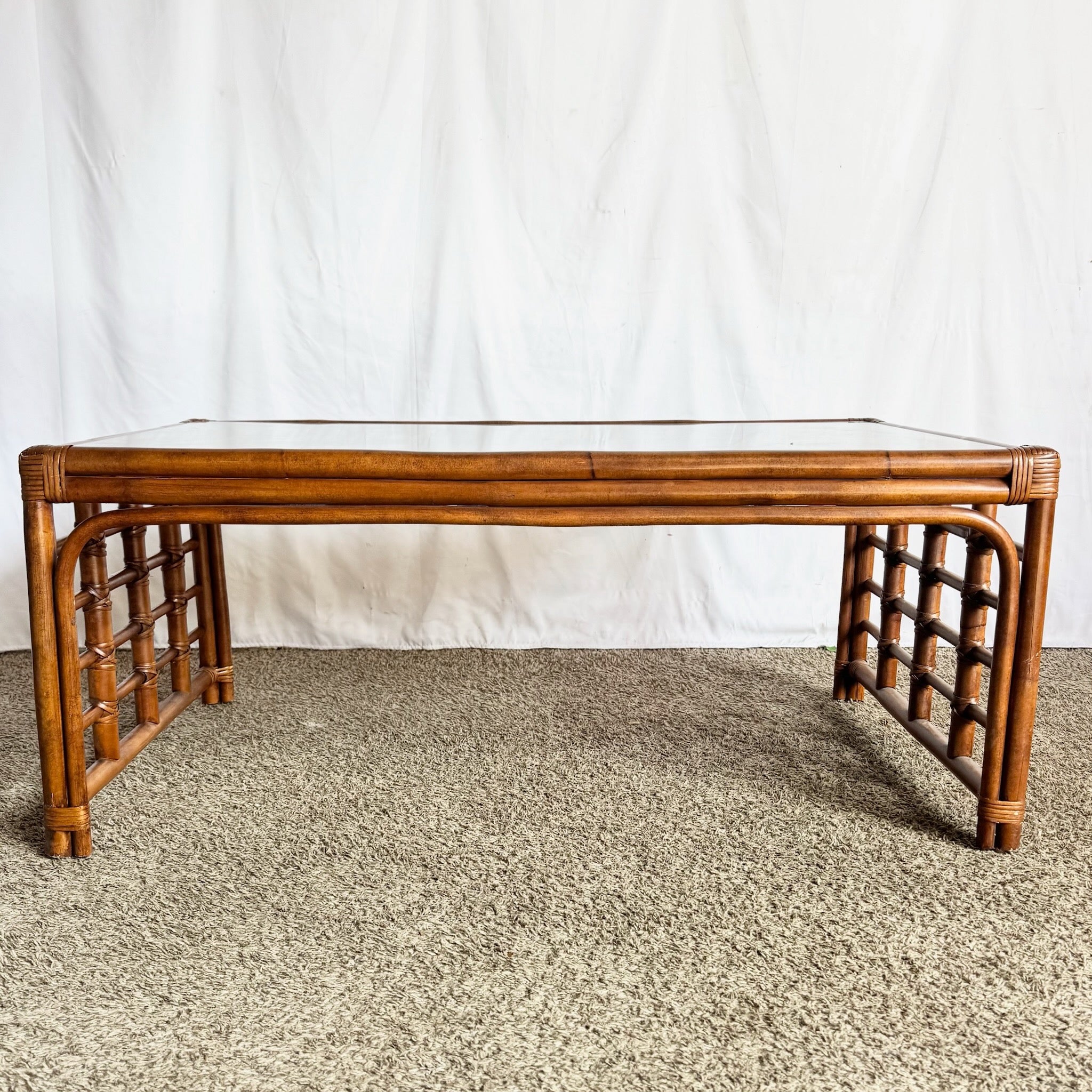 Boho Chic Rattan and Wicker Inlaid Glass Top Coffee Table - Dolphin & Flamingo