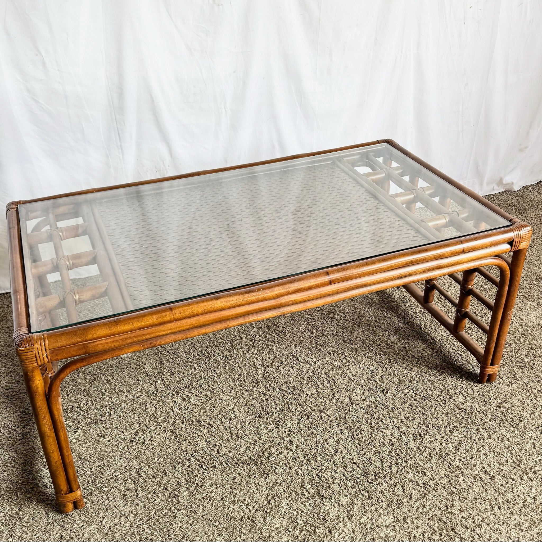 Boho Chic Rattan and Wicker Inlaid Glass Top Coffee Table - Dolphin & Flamingo