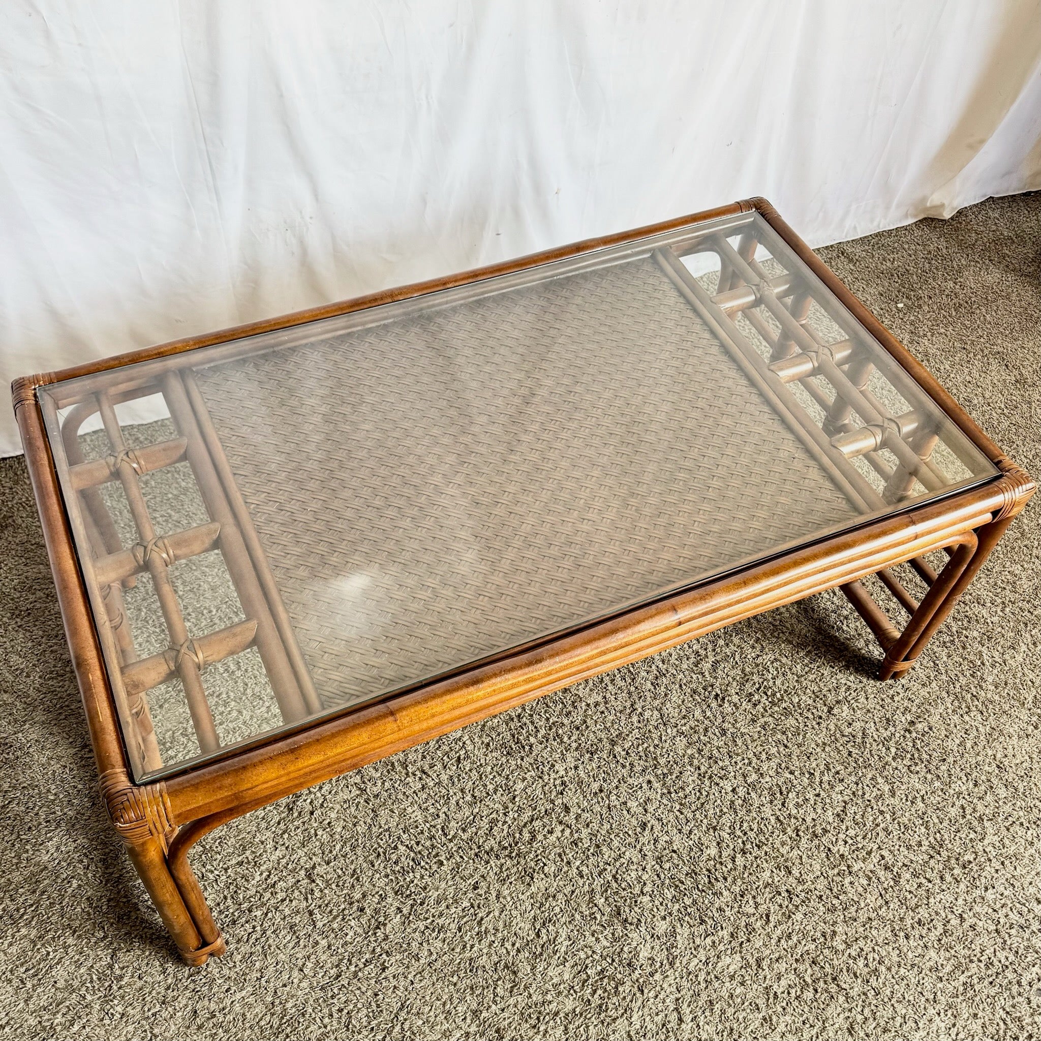 Boho Chic Rattan and Wicker Inlaid Glass Top Coffee Table - Dolphin & Flamingo