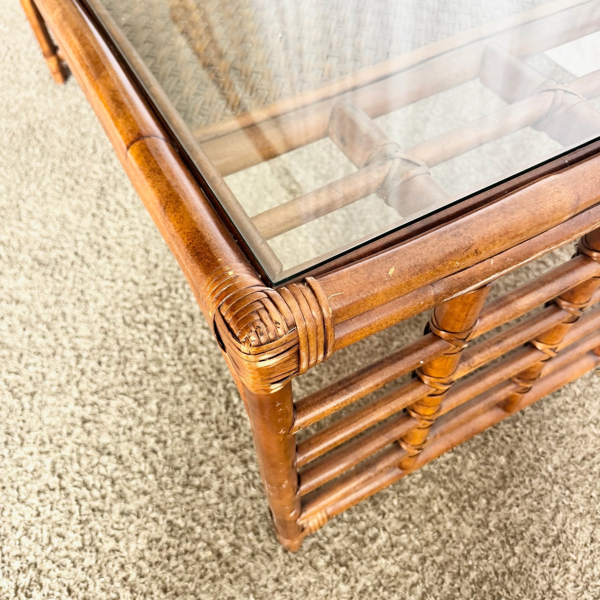Boho Chic Rattan and Wicker Inlaid Glass Top Coffee Table - Dolphin & Flamingo