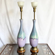 Mid Century Modern Lilac and Sky Blue Glazed Ceramic Table Lamps - A Pair Dolphin & Flamingo