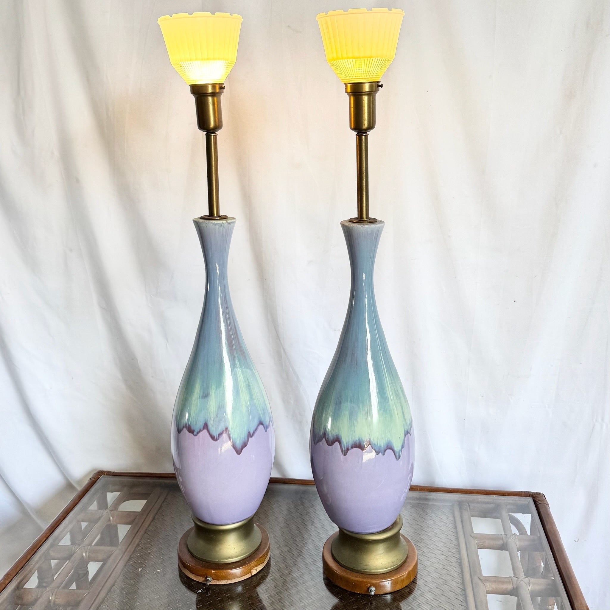 Mid Century Modern Lilac and Sky Blue Glazed Ceramic Table Lamps - A Pair Dolphin & Flamingo