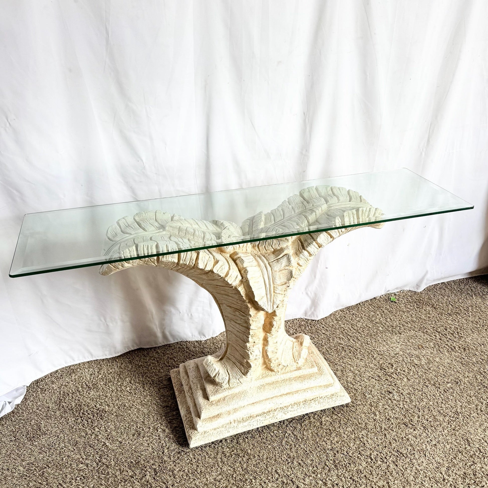 Boho Chic Sculpted Ceramic Glass Rope Banana Leaf Console Table Dolphin & Flamingo