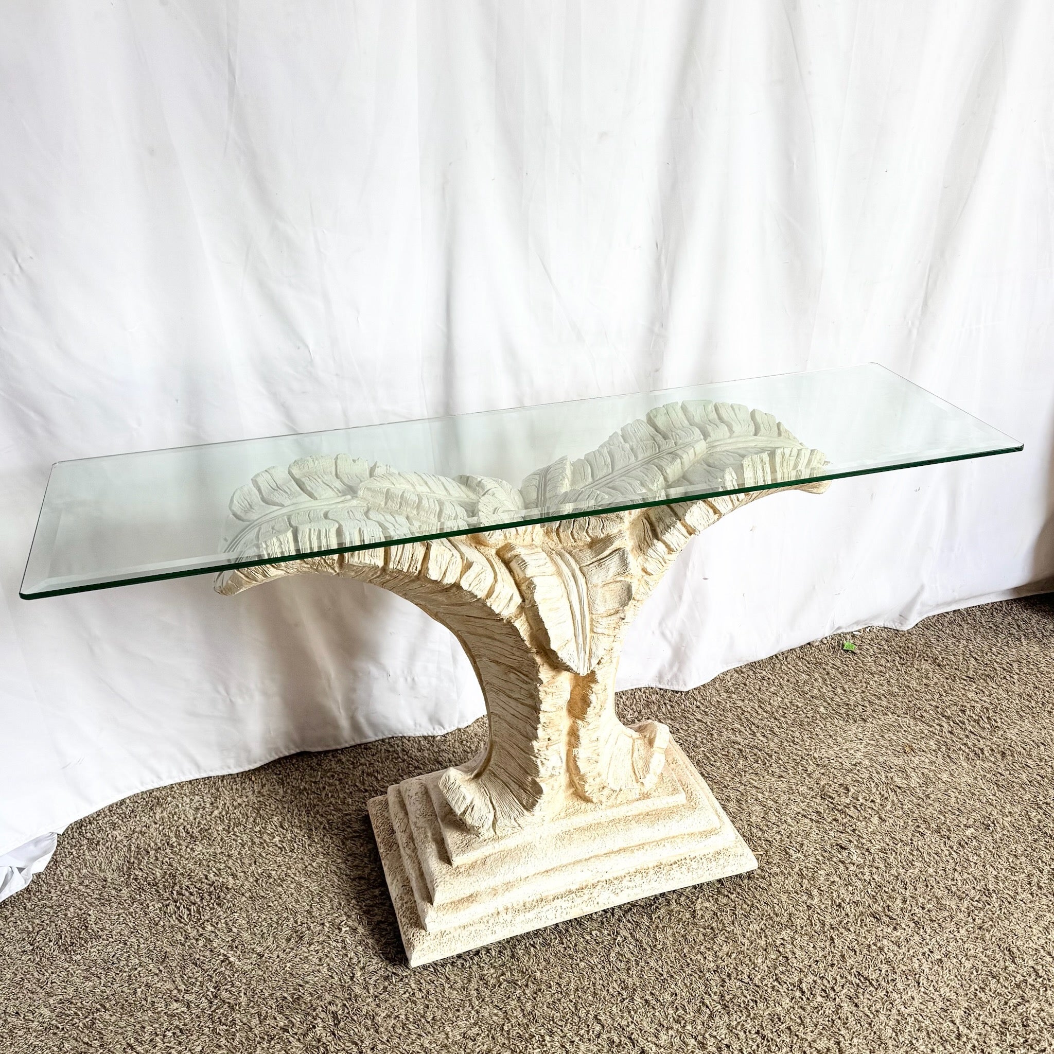 Boho Chic Sculpted Ceramic Glass Rope Banana Leaf Console Table Dolphin & Flamingo