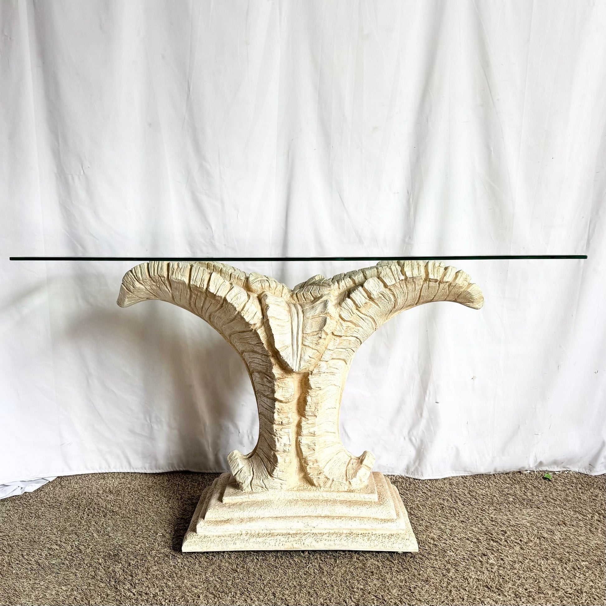 Boho Chic Sculpted Ceramic Glass Rope Banana Leaf Console Table Dolphin & Flamingo