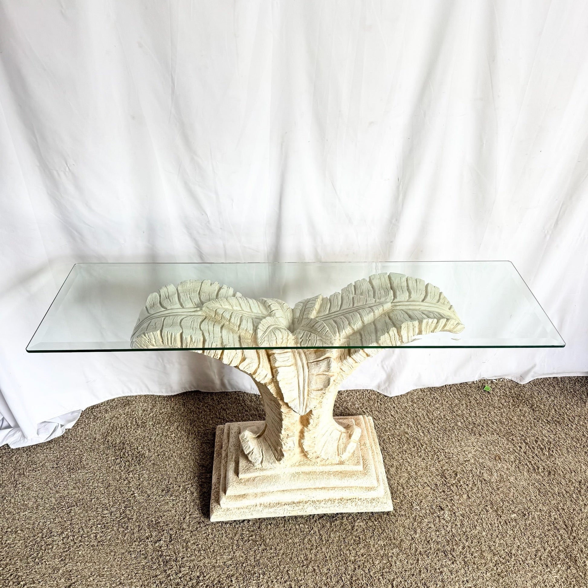 Boho Chic Sculpted Ceramic Glass Rope Banana Leaf Console Table Dolphin & Flamingo