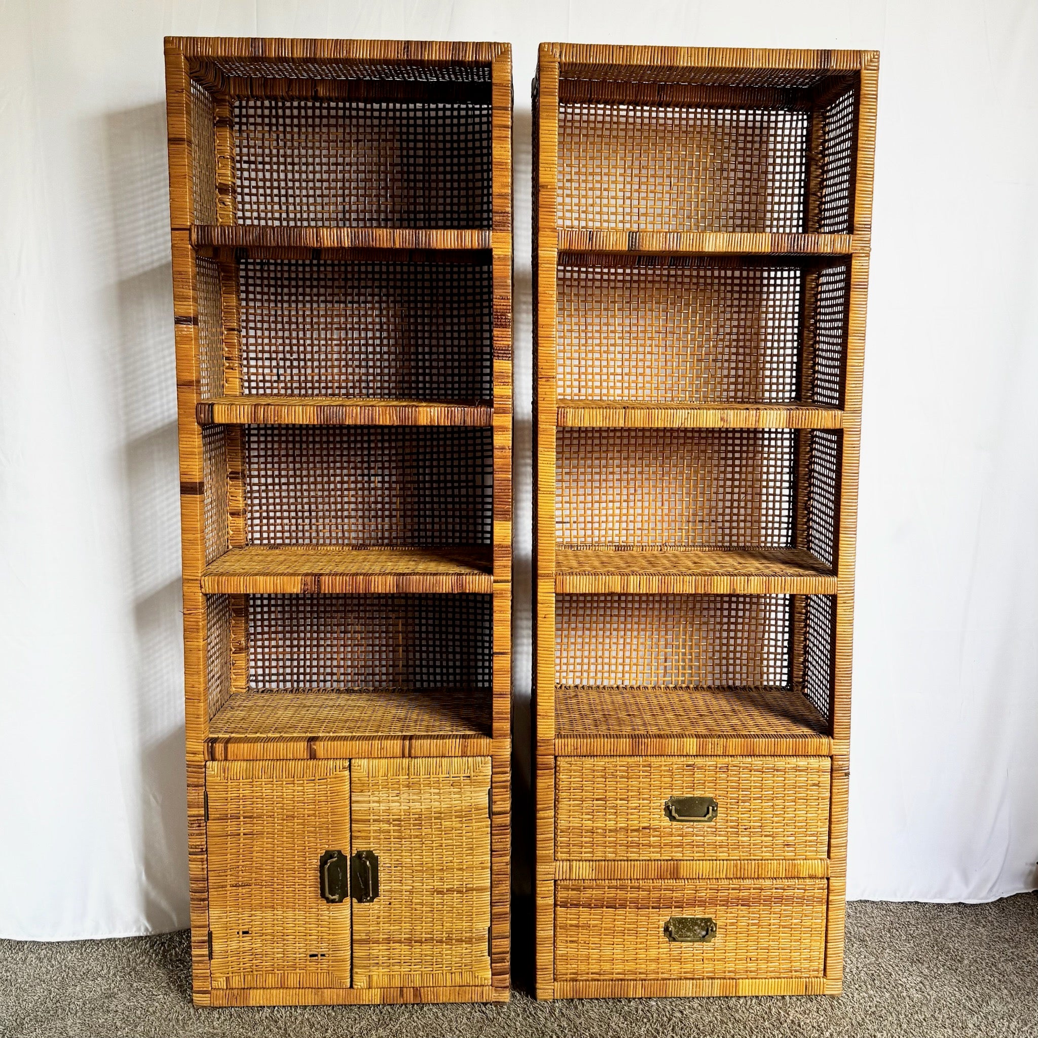 Boho Chic Coastal Wicker Etageres/Bookshelves - Set of 2