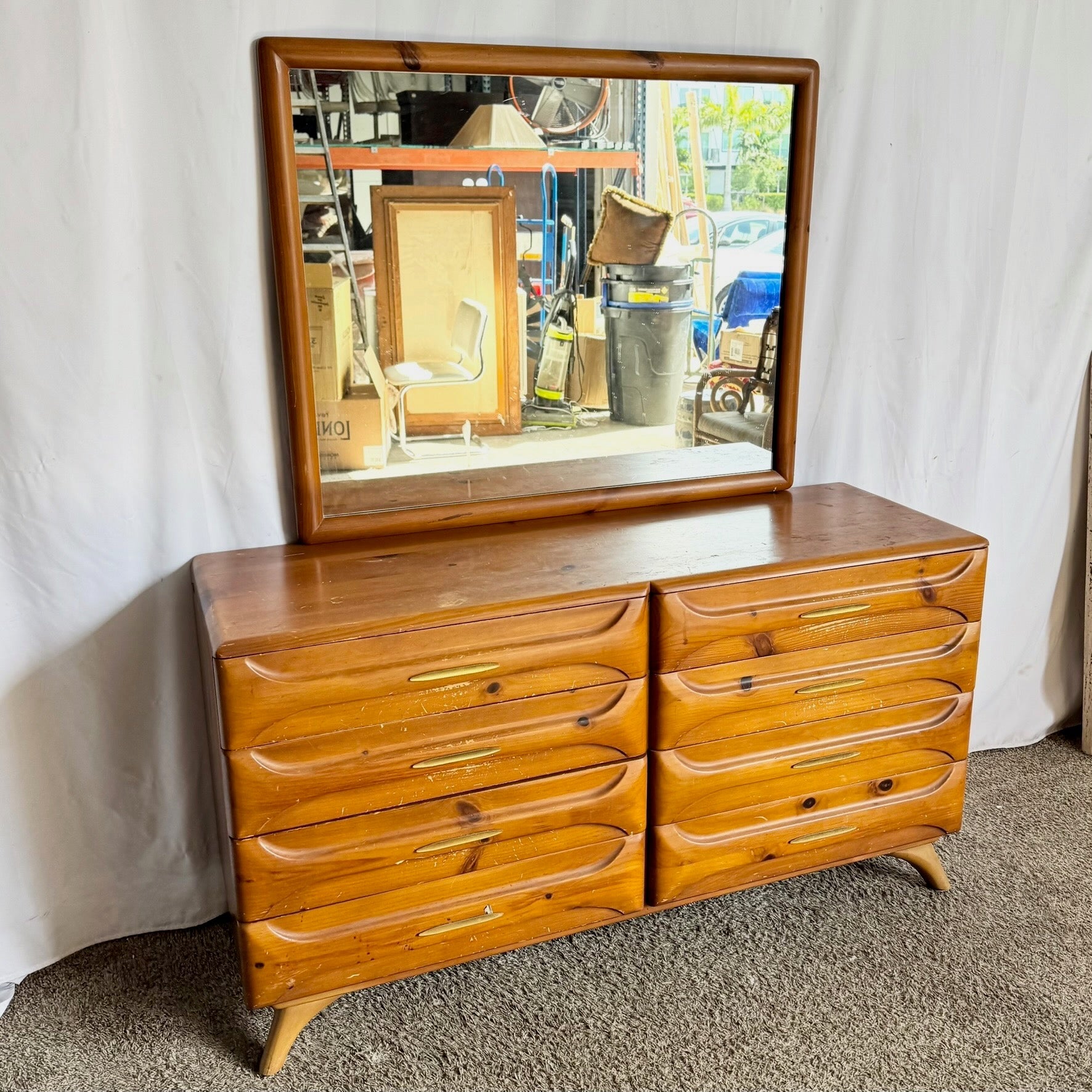 Mid Century Modern Sculptured Pine Dresser With Mirror by Franklin Shockey Co Dolphin & Flamingo
