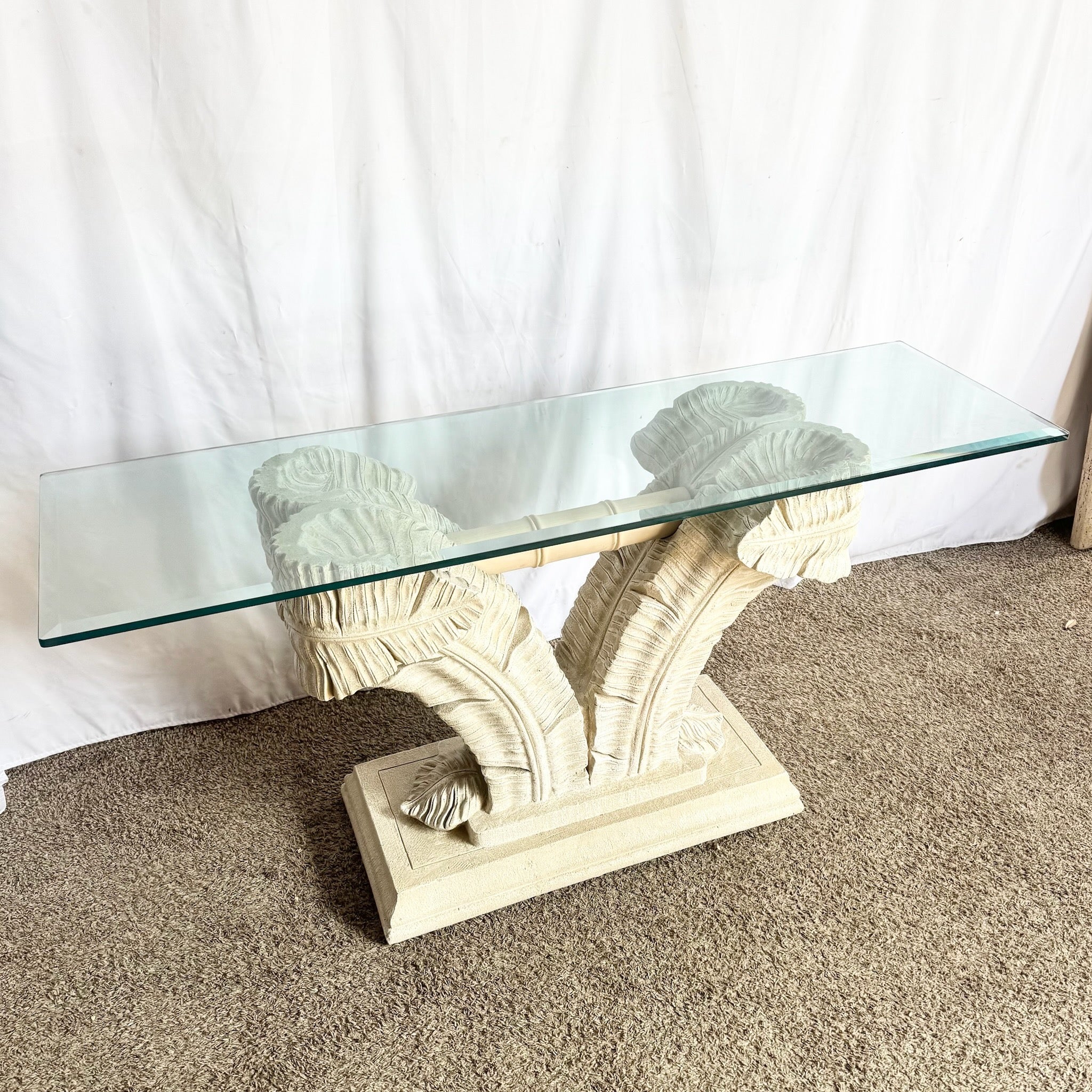 Serge Roche Style Plaster Banana Leaf Glass Top Console Table Dolphin & Flamingo