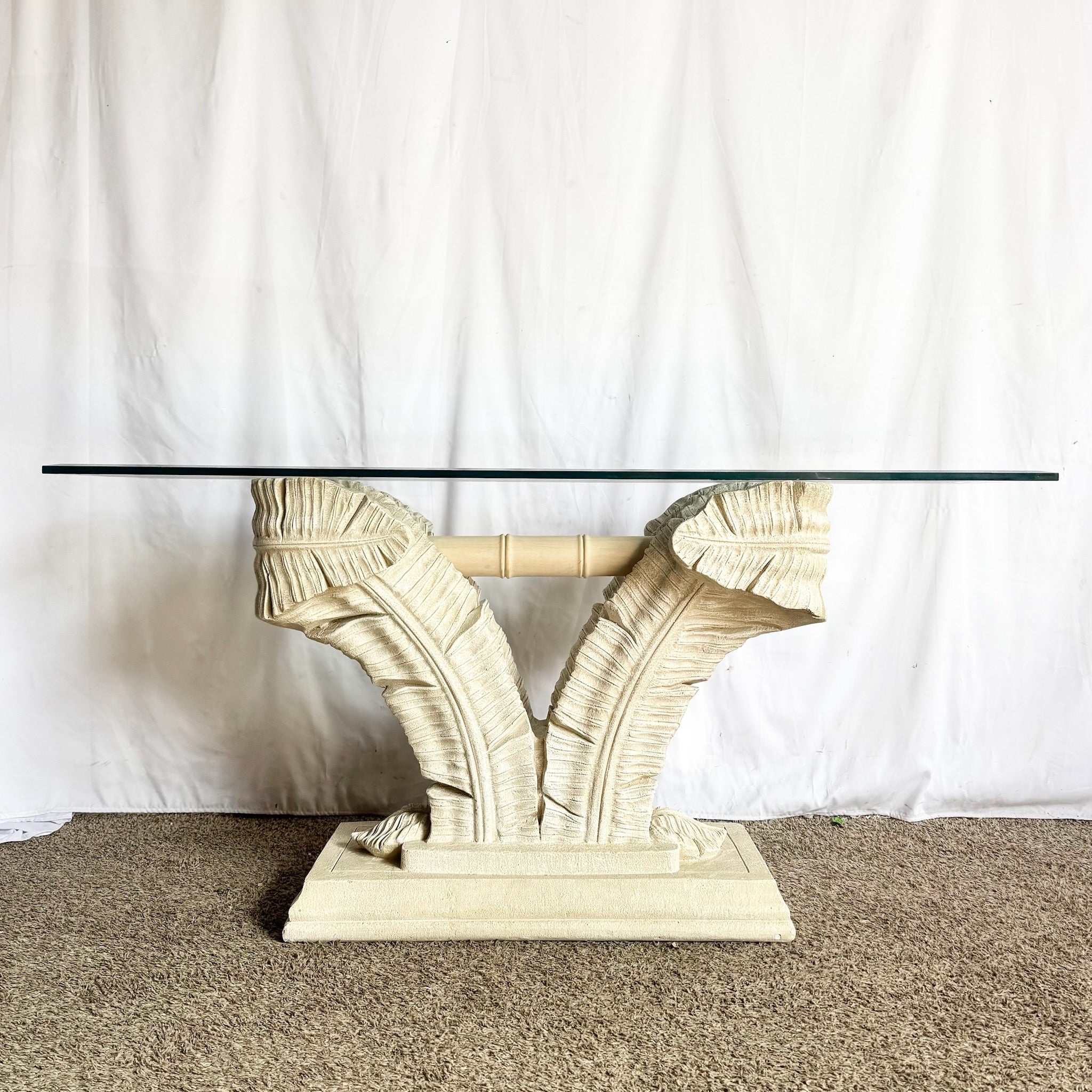 Serge Roche Style Plaster Banana Leaf Glass Top Console Table Dolphin & Flamingo