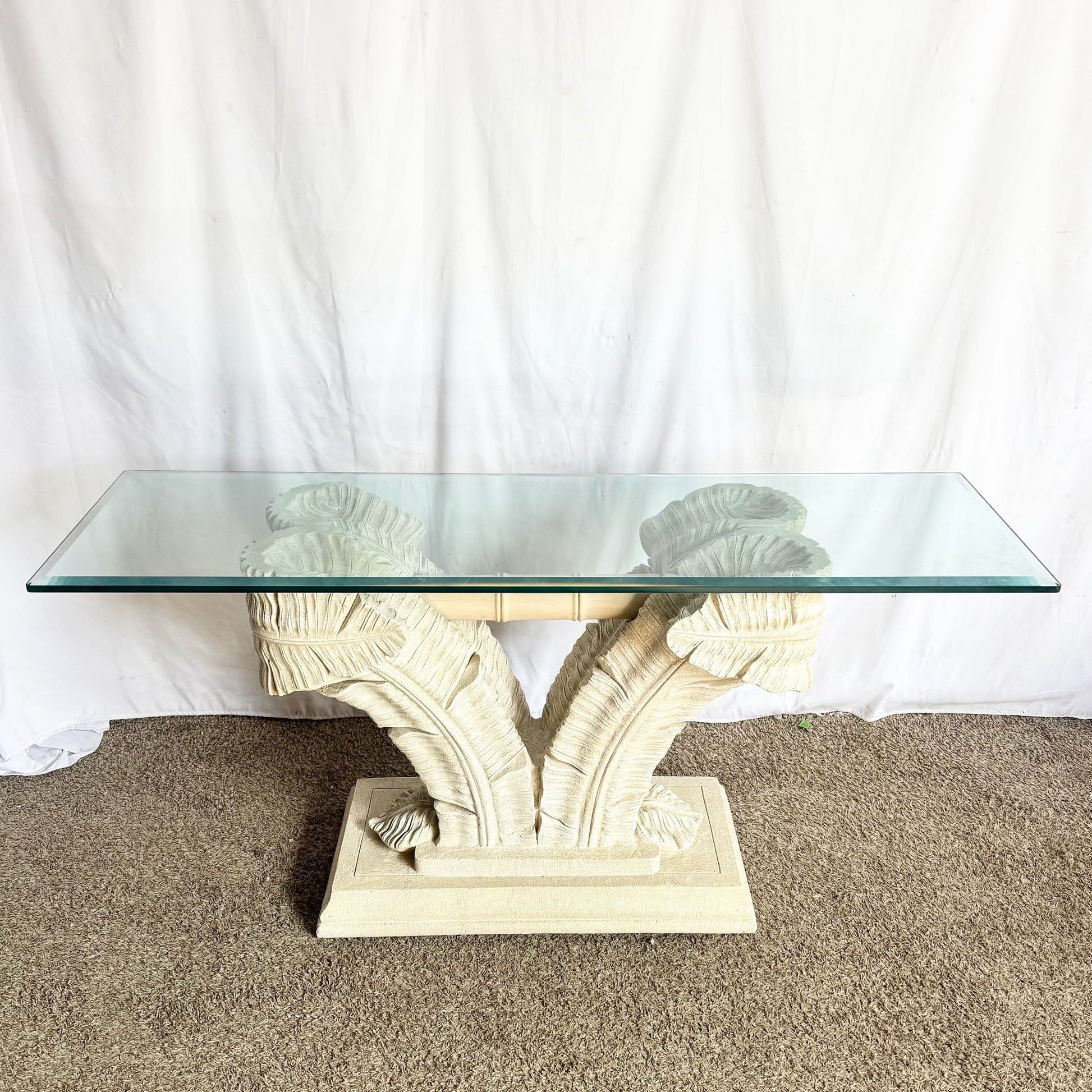 Serge Roche Style Plaster Banana Leaf Glass Top Console Table Dolphin & Flamingo