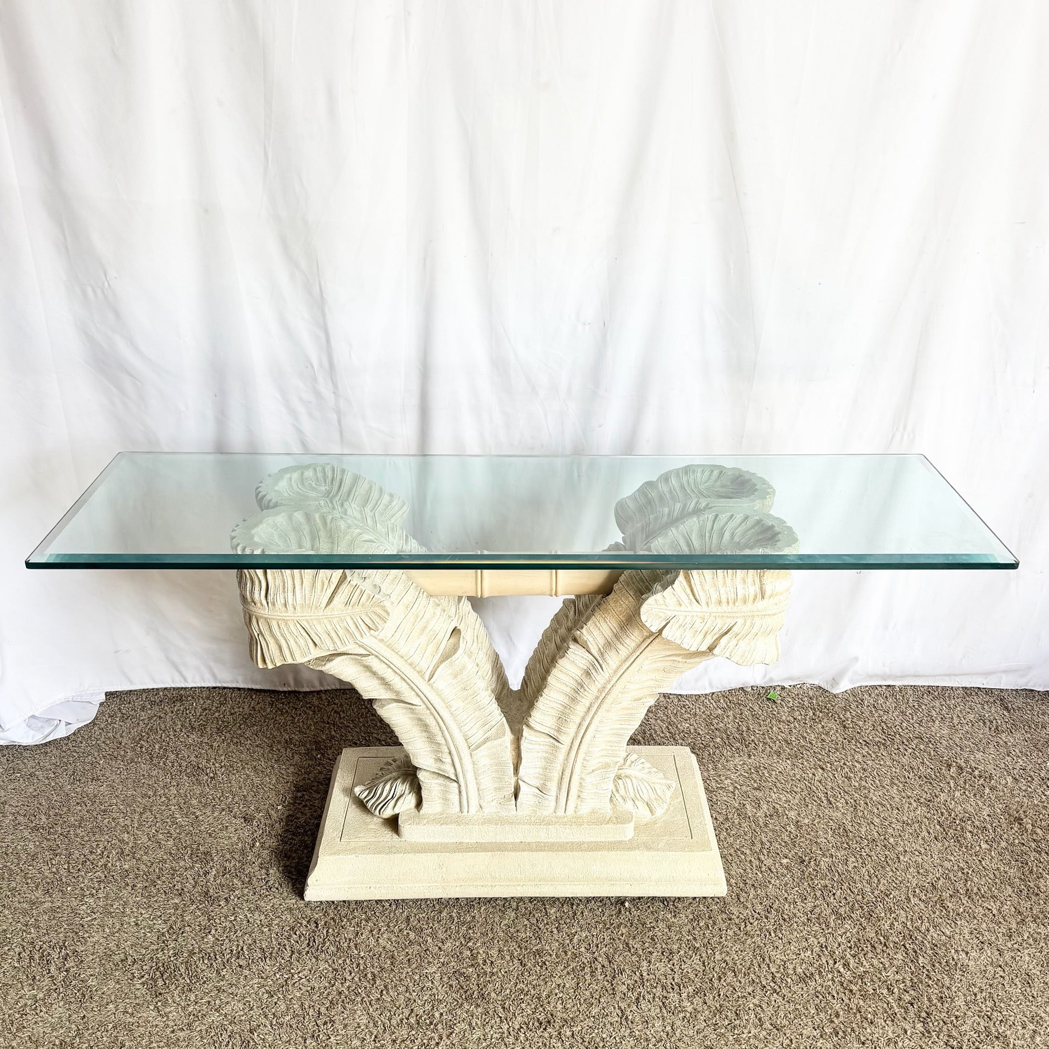 Serge Roche Style Plaster Banana Leaf Glass Top Console Table Dolphin & Flamingo