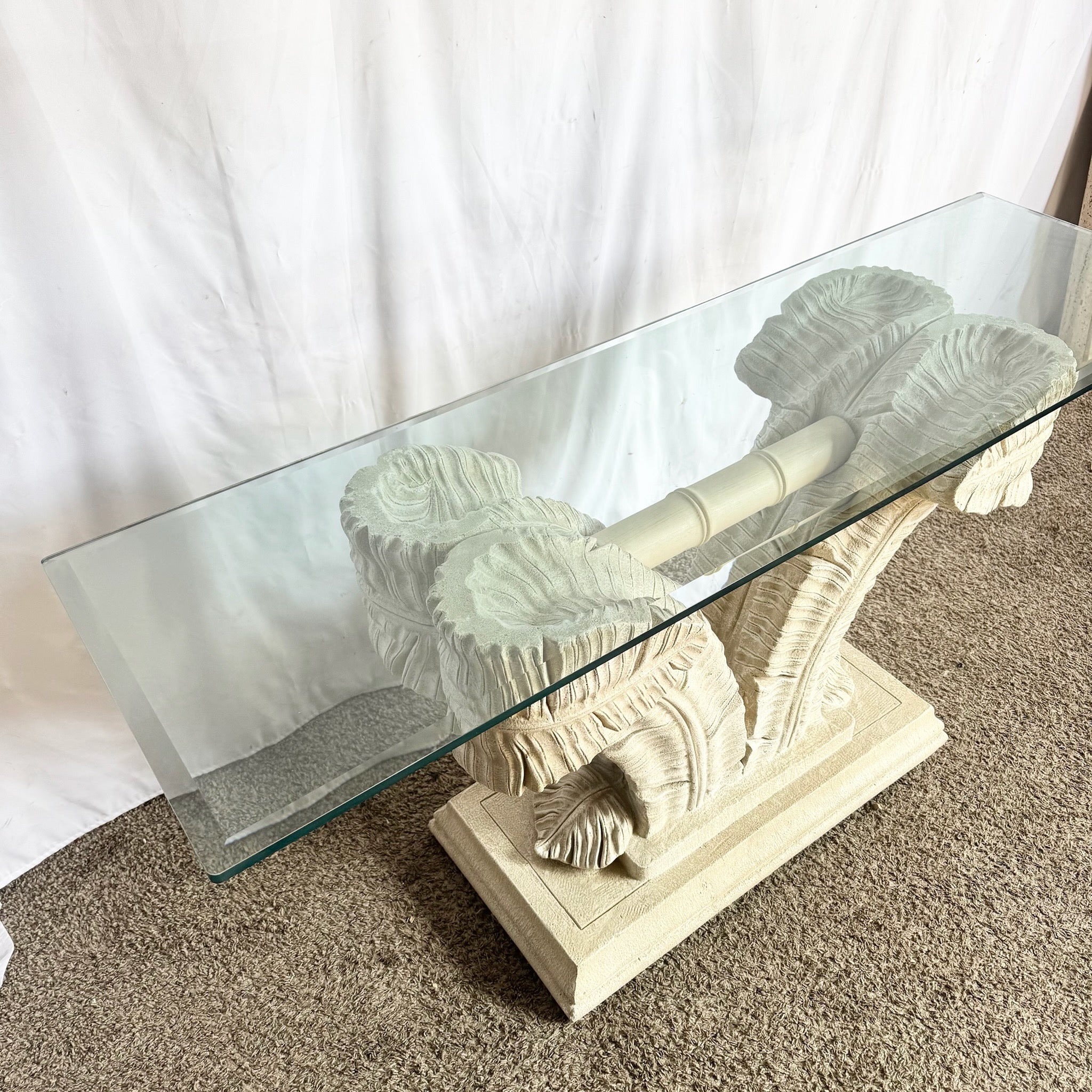 Serge Roche Style Plaster Banana Leaf Glass Top Console Table Dolphin & Flamingo