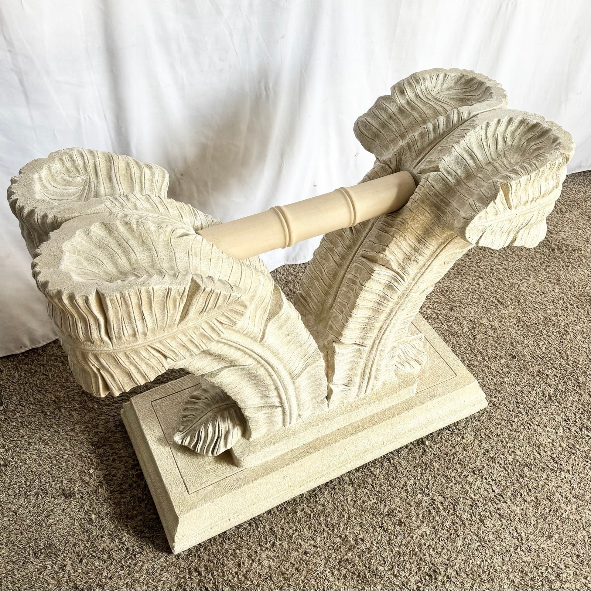 Serge Roche Style Plaster Banana Leaf Glass Top Console Table Dolphin & Flamingo