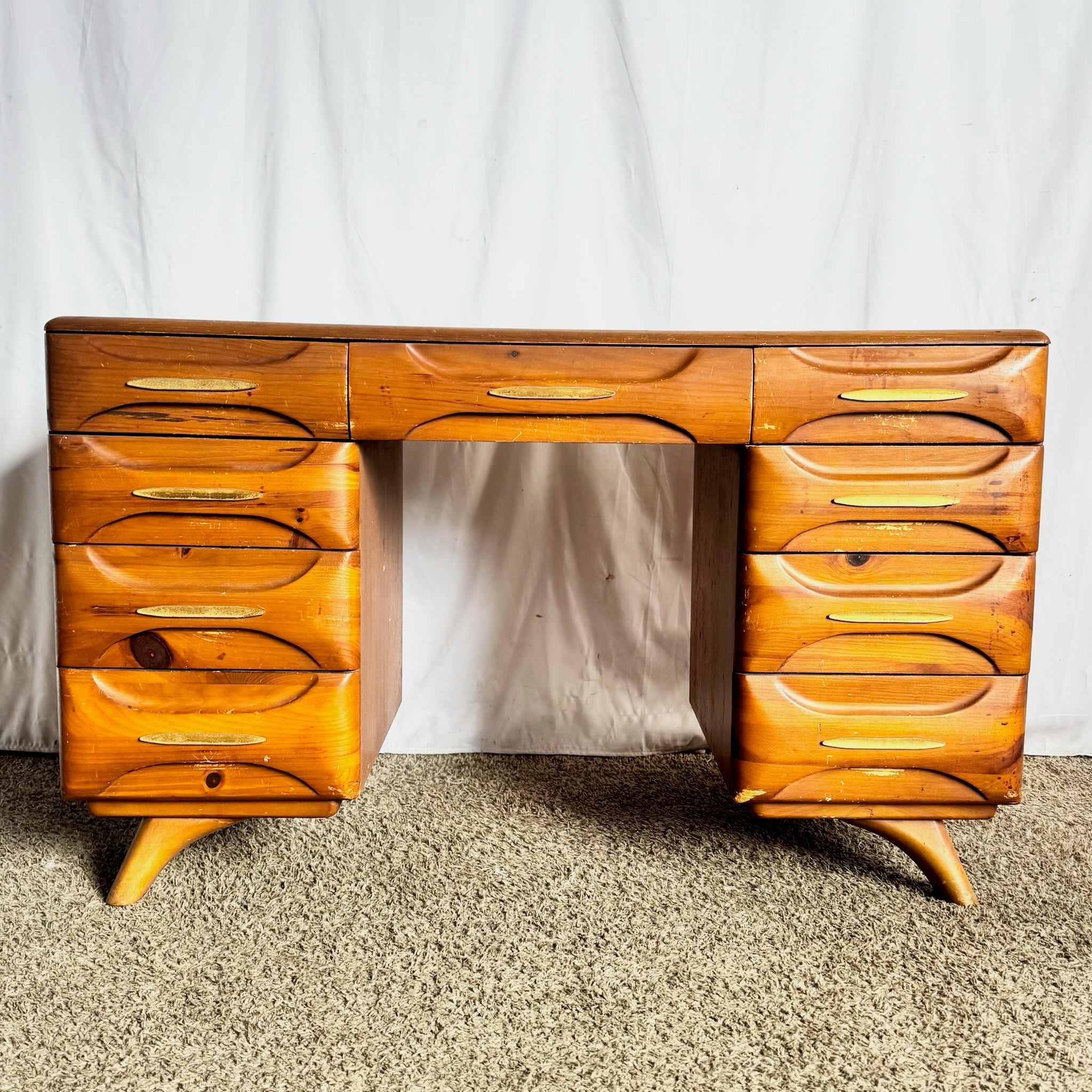 Mid Century Modern Sculptured Pine Desk by Franklin Shockey Dolphin & Flamingo