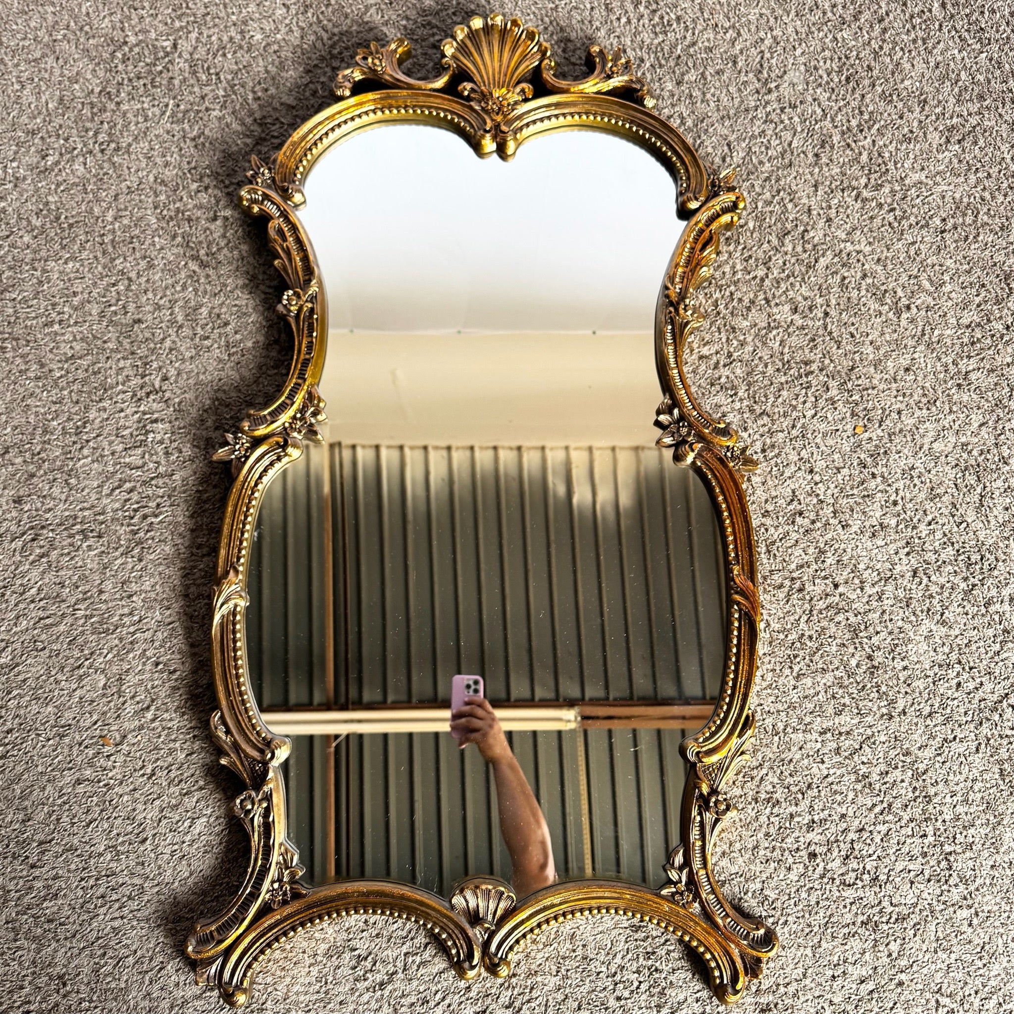 Vintage Rococo Style Pained Gold Wooden Wall Mirror