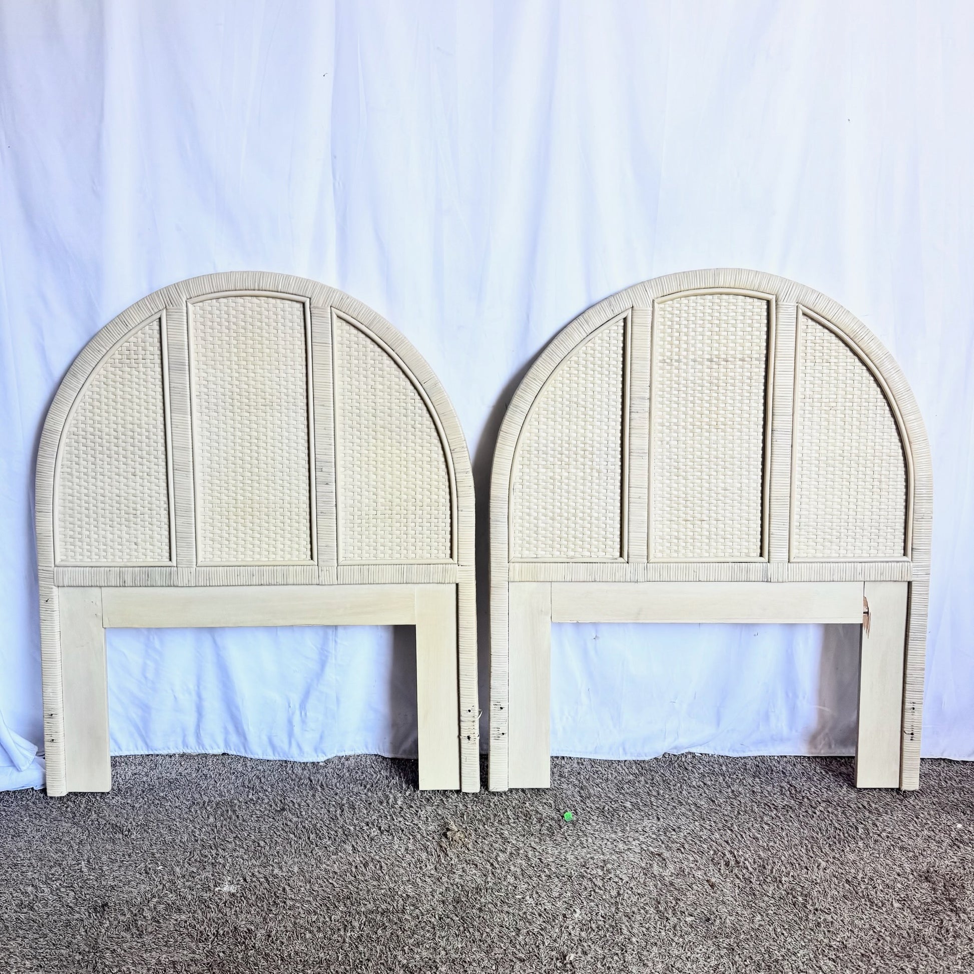 Boho Chic White Washed Wrapped Wicker Twin Headboards - A Pair - Dolphin & Flamingo