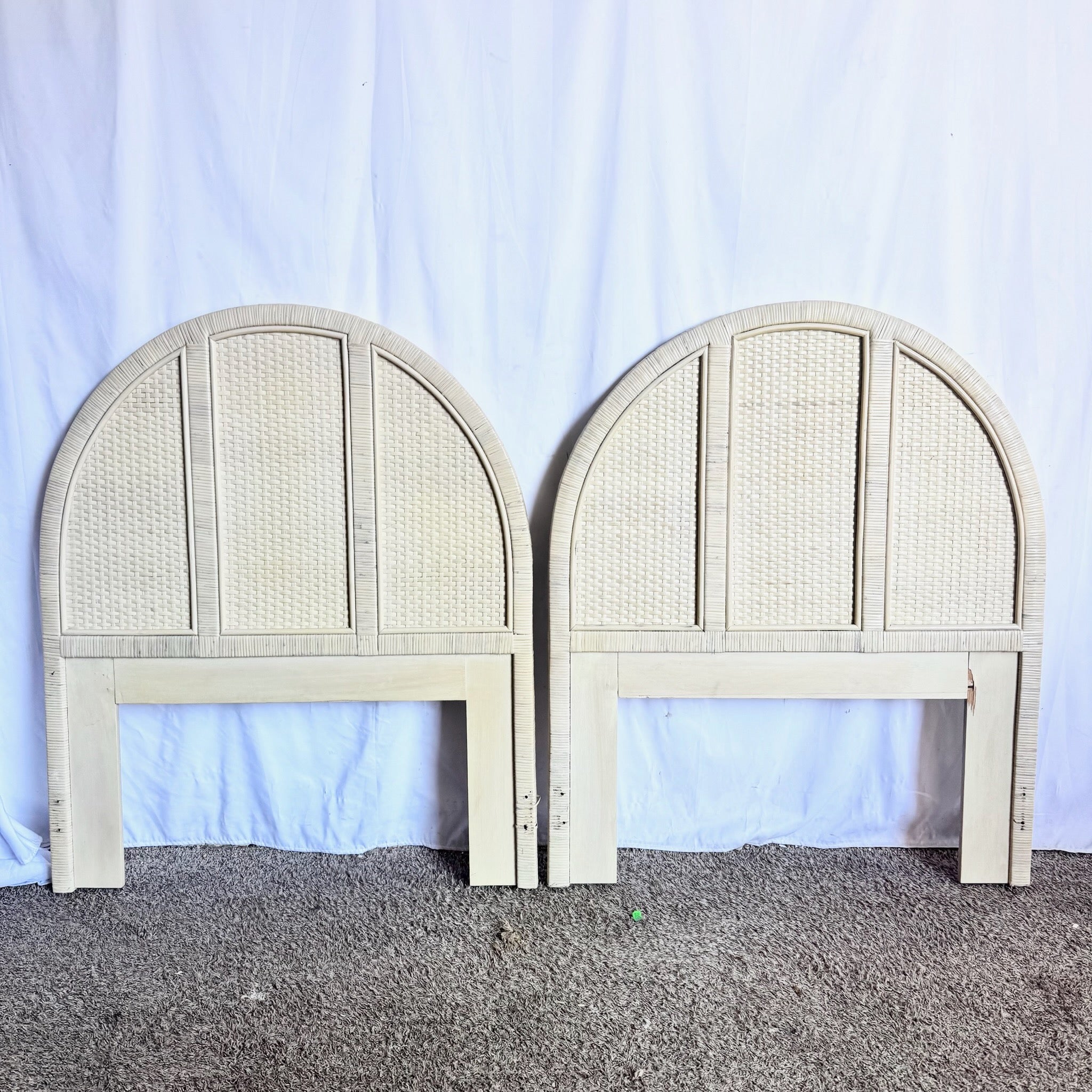 Boho Chic White Washed Wrapped Wicker Twin Headboards - A Pair - Dolphin & Flamingo