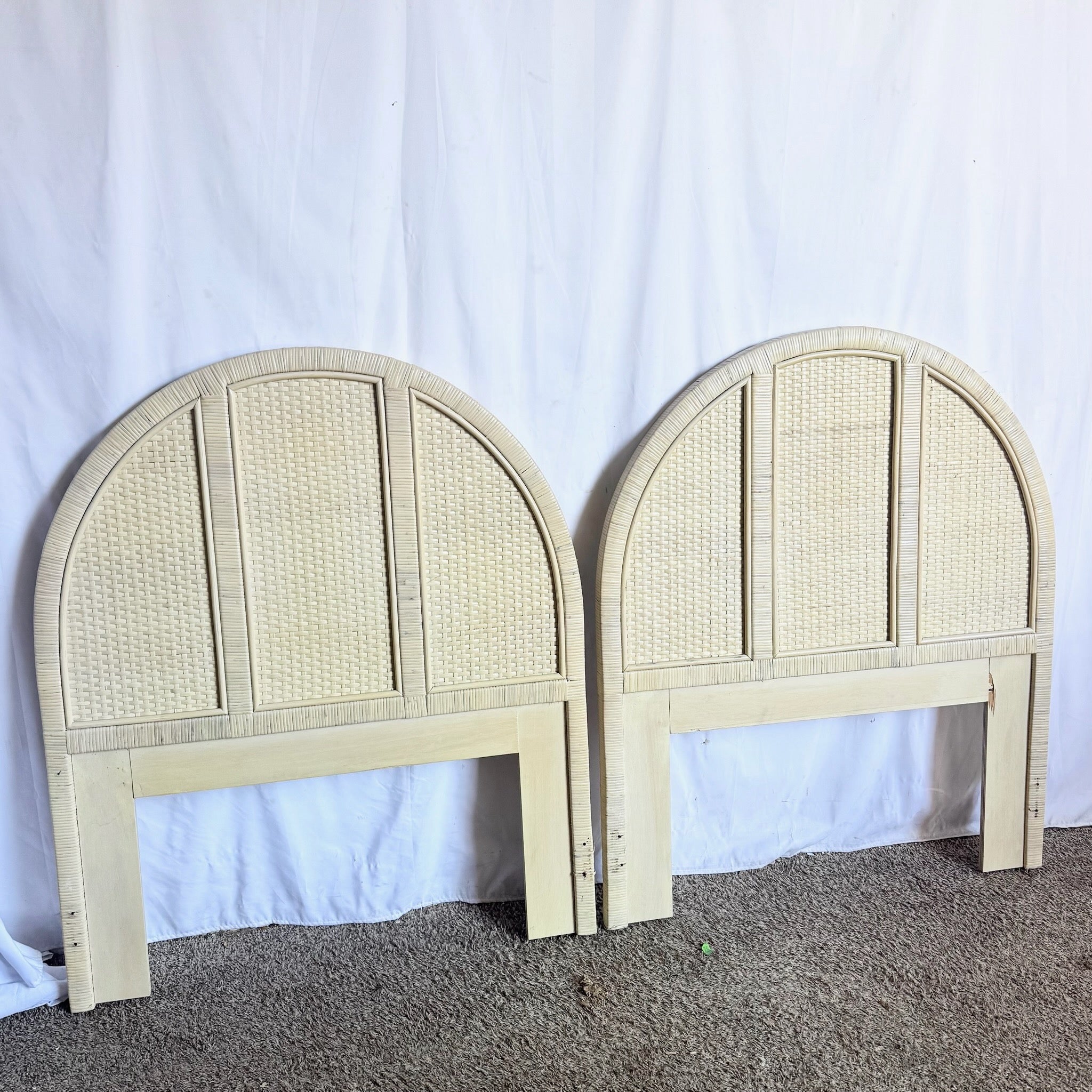 Boho Chic White Washed Wrapped Wicker Twin Headboards - A Pair - Dolphin & Flamingo