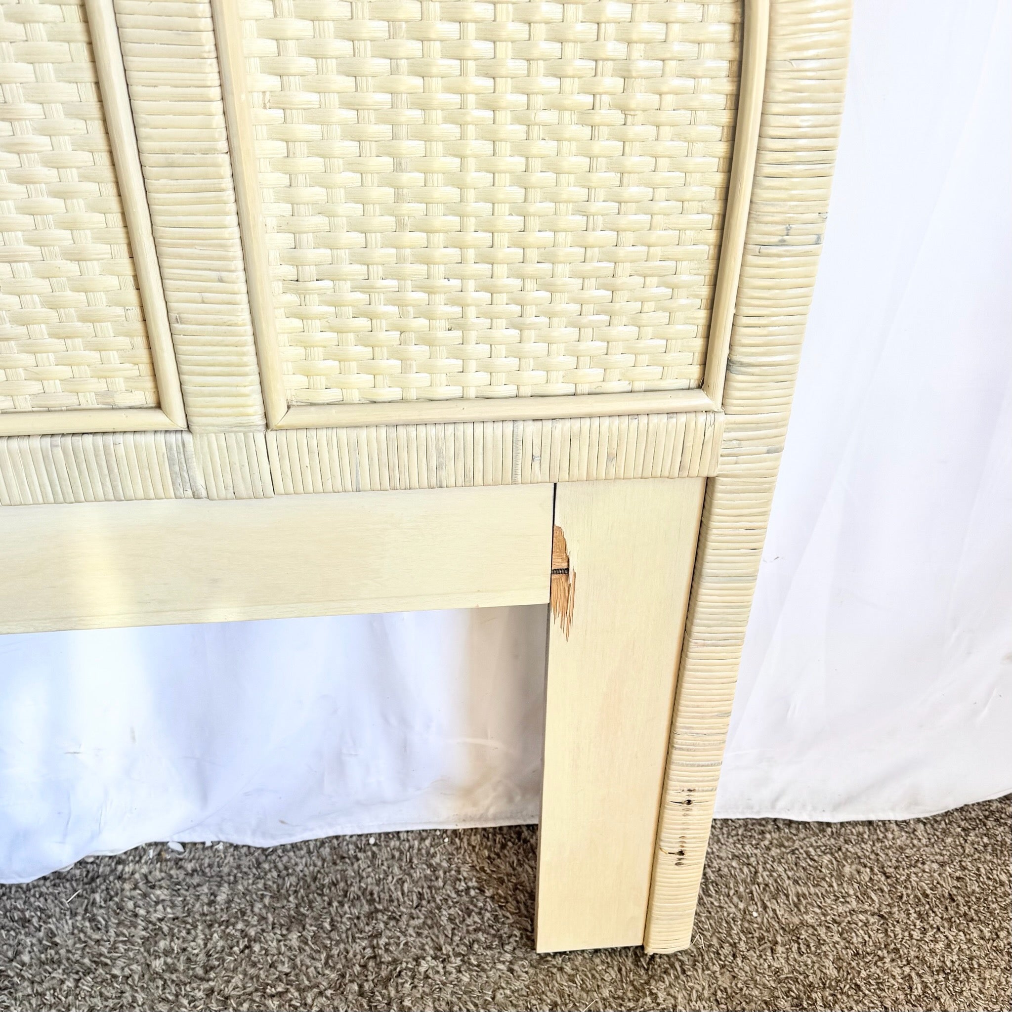 Boho Chic White Washed Wrapped Wicker Twin Headboards - A Pair - Dolphin & Flamingo