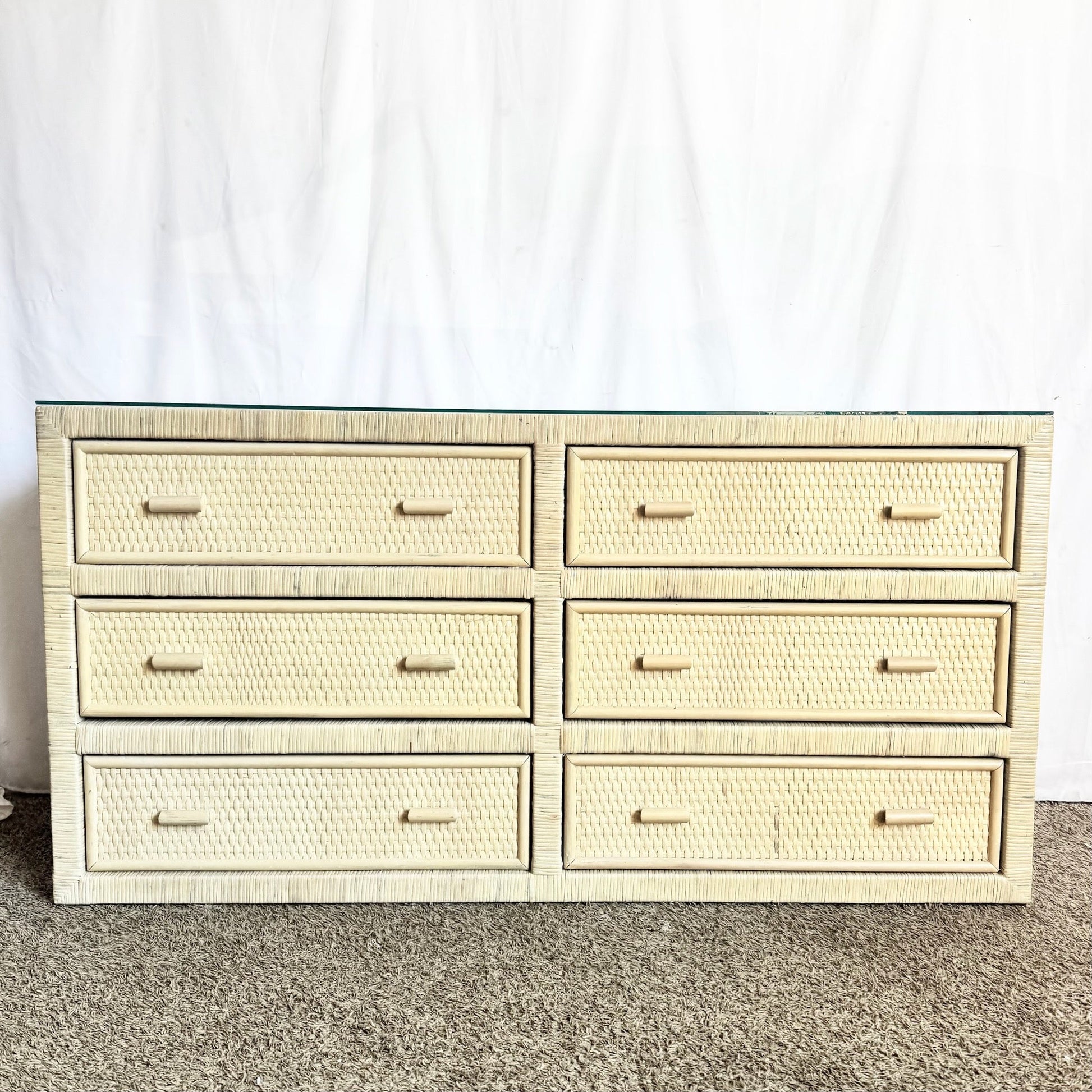 Boho Chic White Washed Wrapped Wicker Glass Top Dresser Dolphin & Flamingo