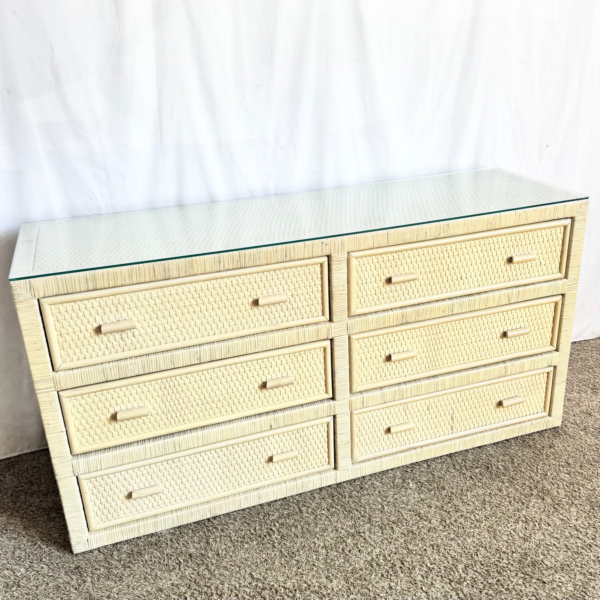 Boho Chic White Washed Wrapped Wicker Glass Top Dresser Dolphin & Flamingo