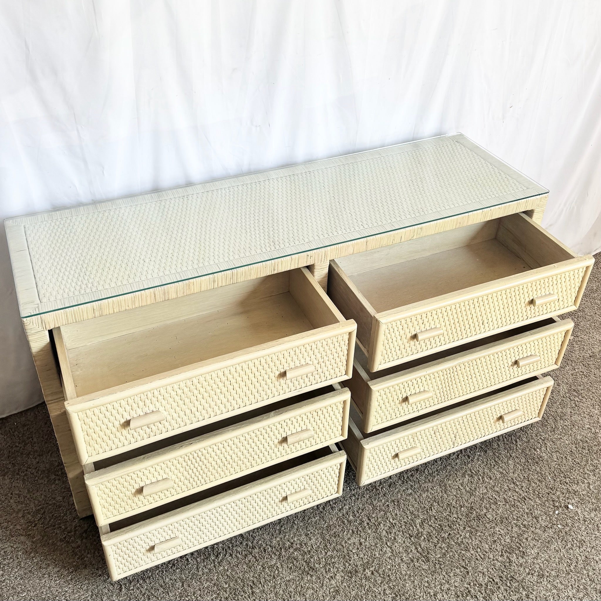 Boho Chic White Washed Wrapped Wicker Glass Top Dresser Dolphin & Flamingo