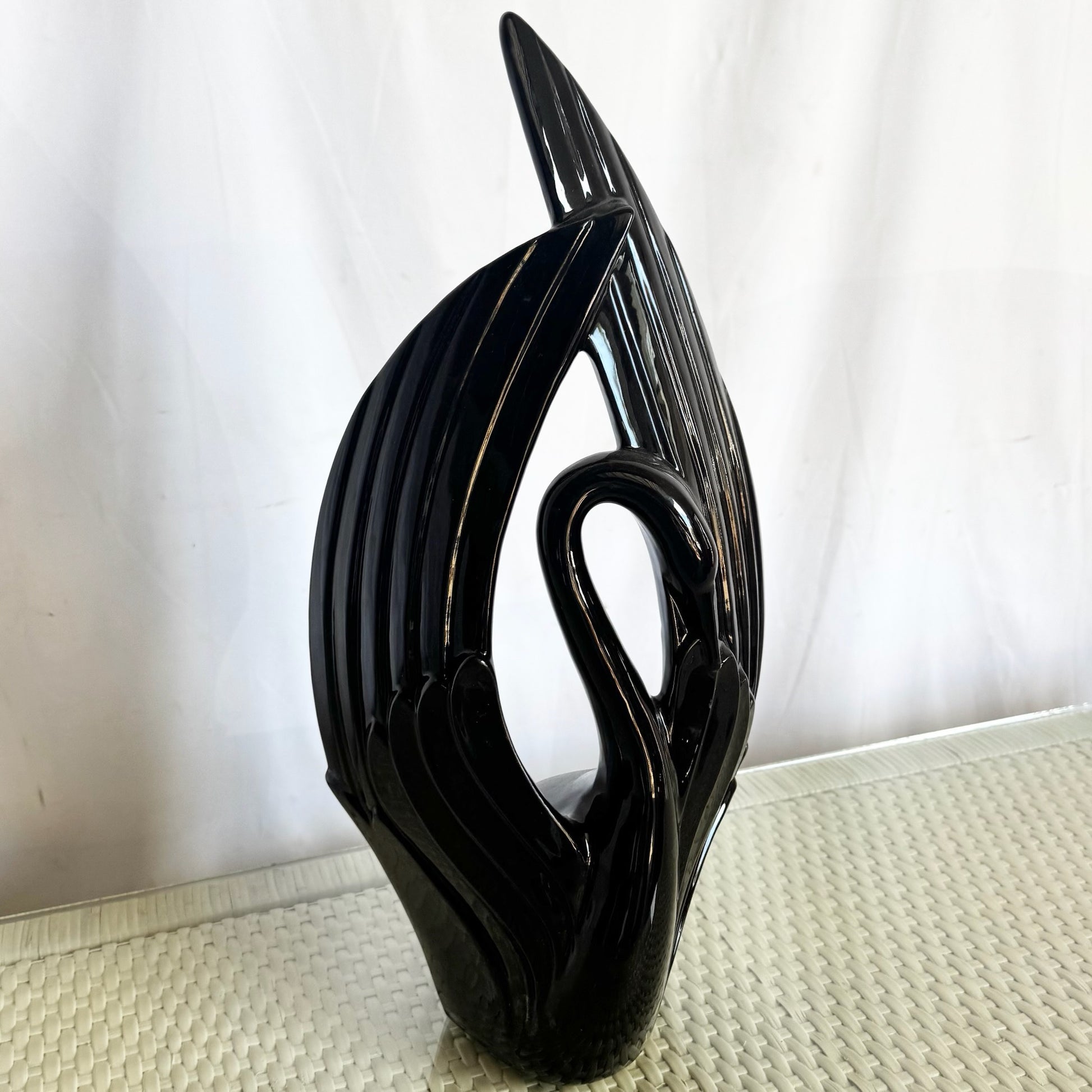 Art Deco Ceramic Gloss Black Swan Sculpture by Haeger - Dolphin & Flamingo