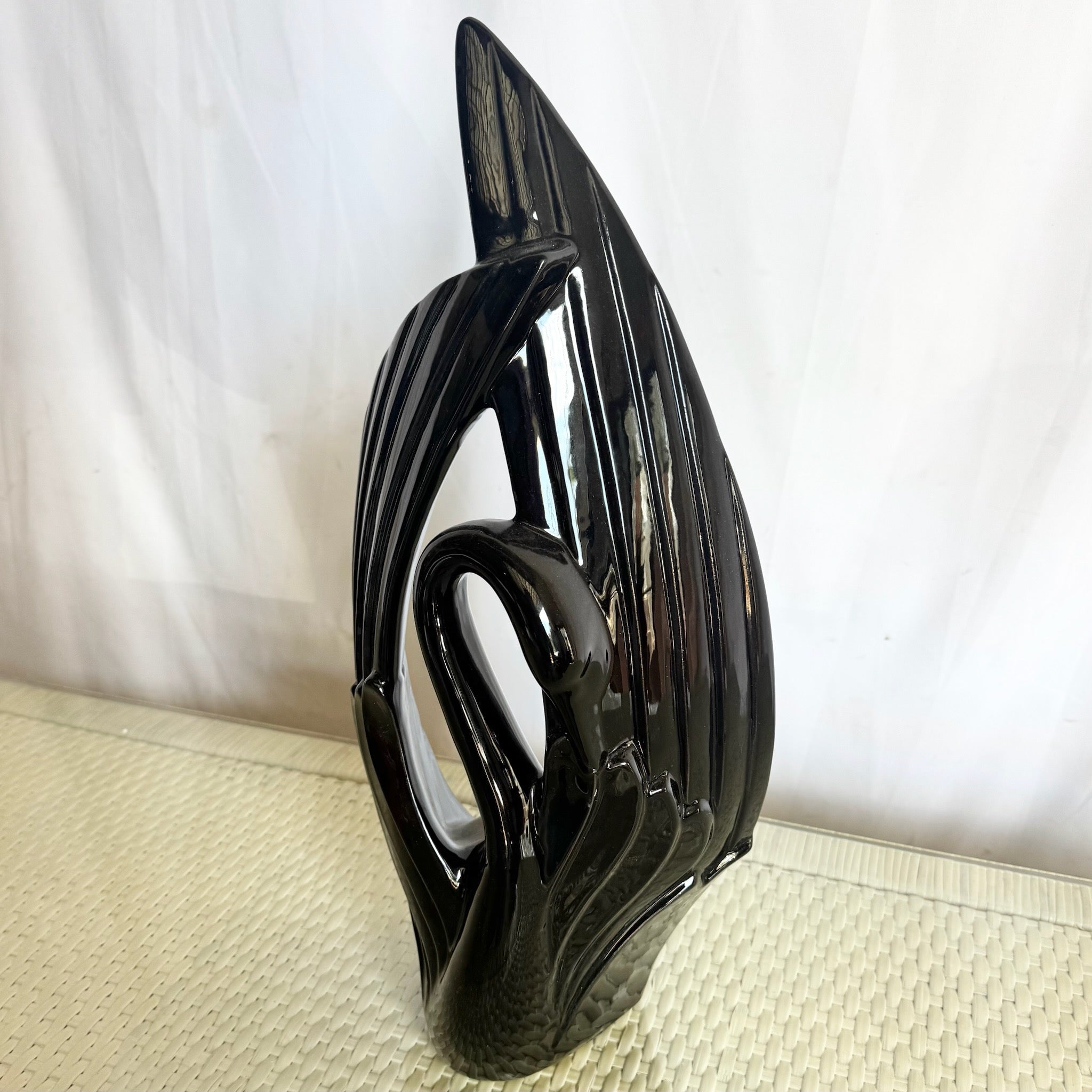 Art Deco Ceramic Gloss Black Swan Sculpture by Haeger - Dolphin & Flamingo