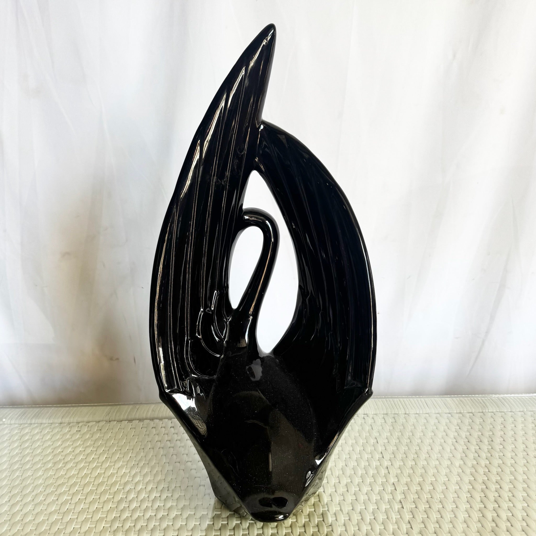Art Deco Ceramic Gloss Black Swan Sculpture by Haeger - Dolphin & Flamingo
