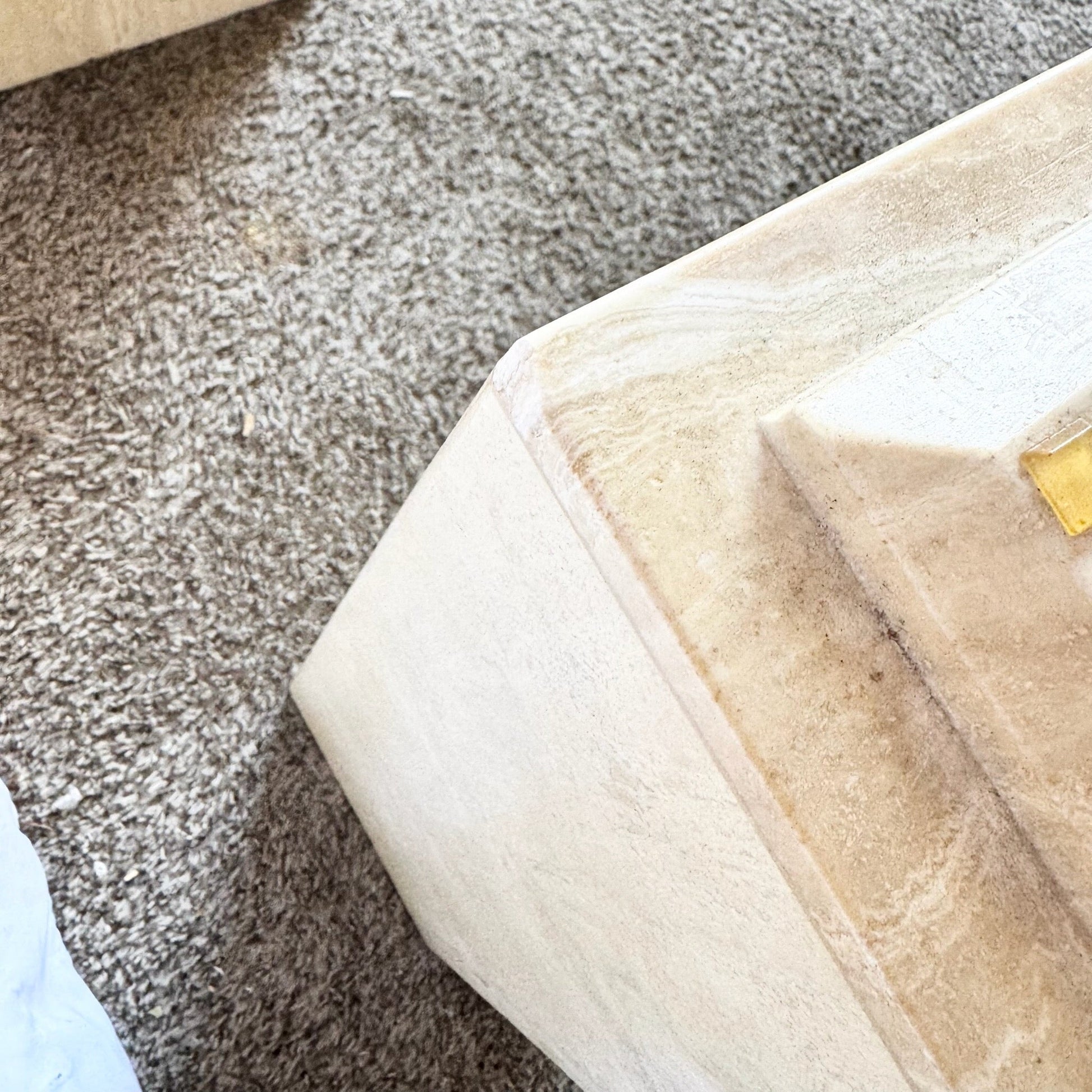 Vintage Glass Top Travertine Pedestal Console Table Dolphin & Flamingo