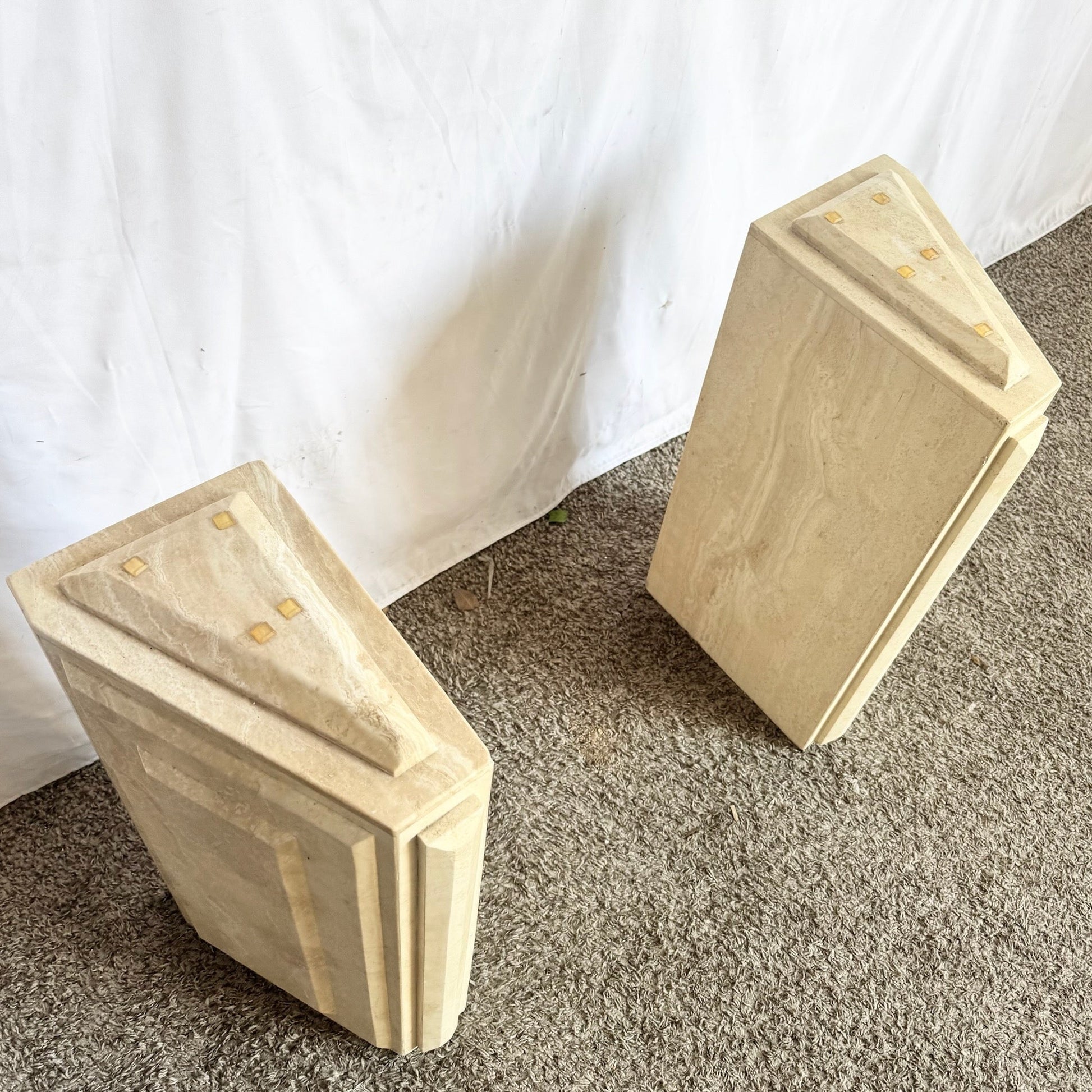 Vintage Glass Top Travertine Pedestal Console Table Dolphin & Flamingo