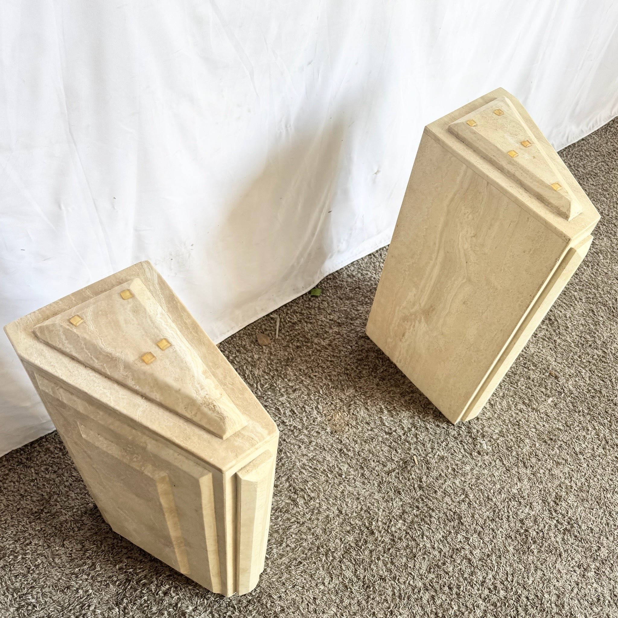 Vintage Glass Top Travertine Pedestal Console Table Dolphin & Flamingo