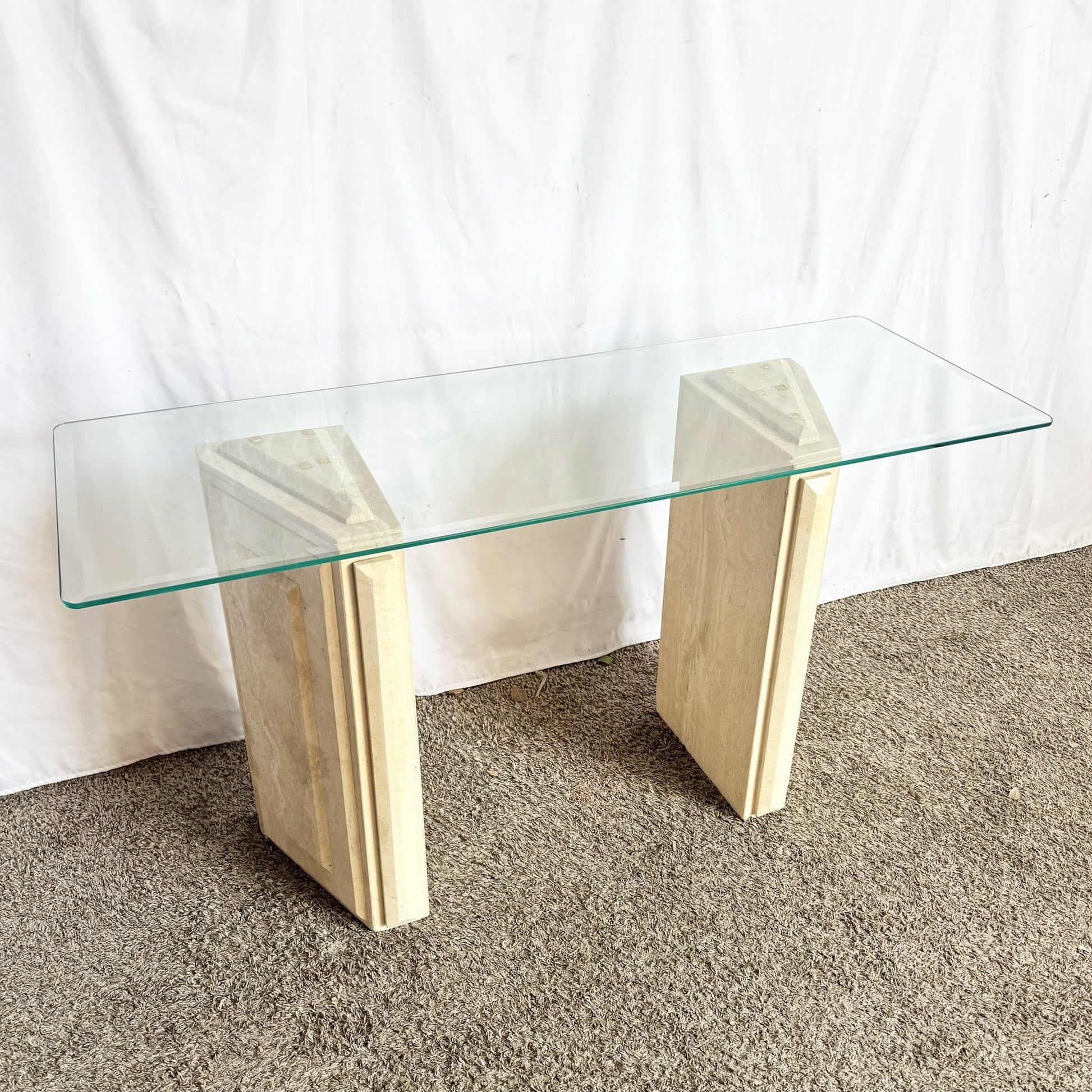 Vintage Glass Top Travertine Pedestal Console Table Dolphin & Flamingo