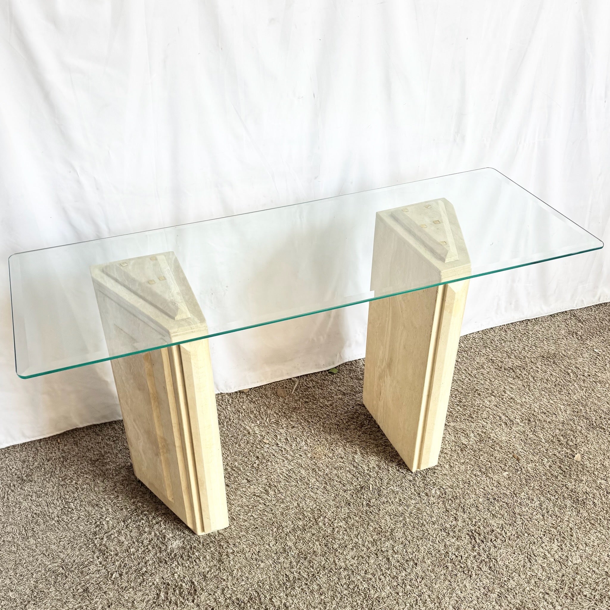 Vintage Glass Top Travertine Pedestal Console Table Dolphin & Flamingo