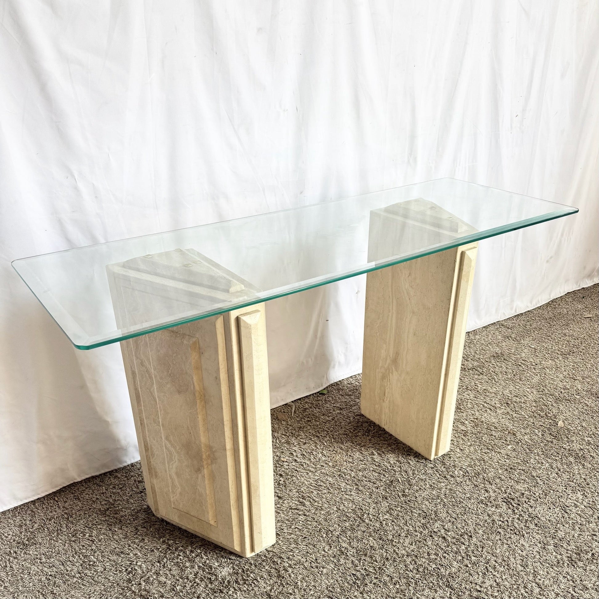 Vintage Glass Top Travertine Pedestal Console Table Dolphin & Flamingo