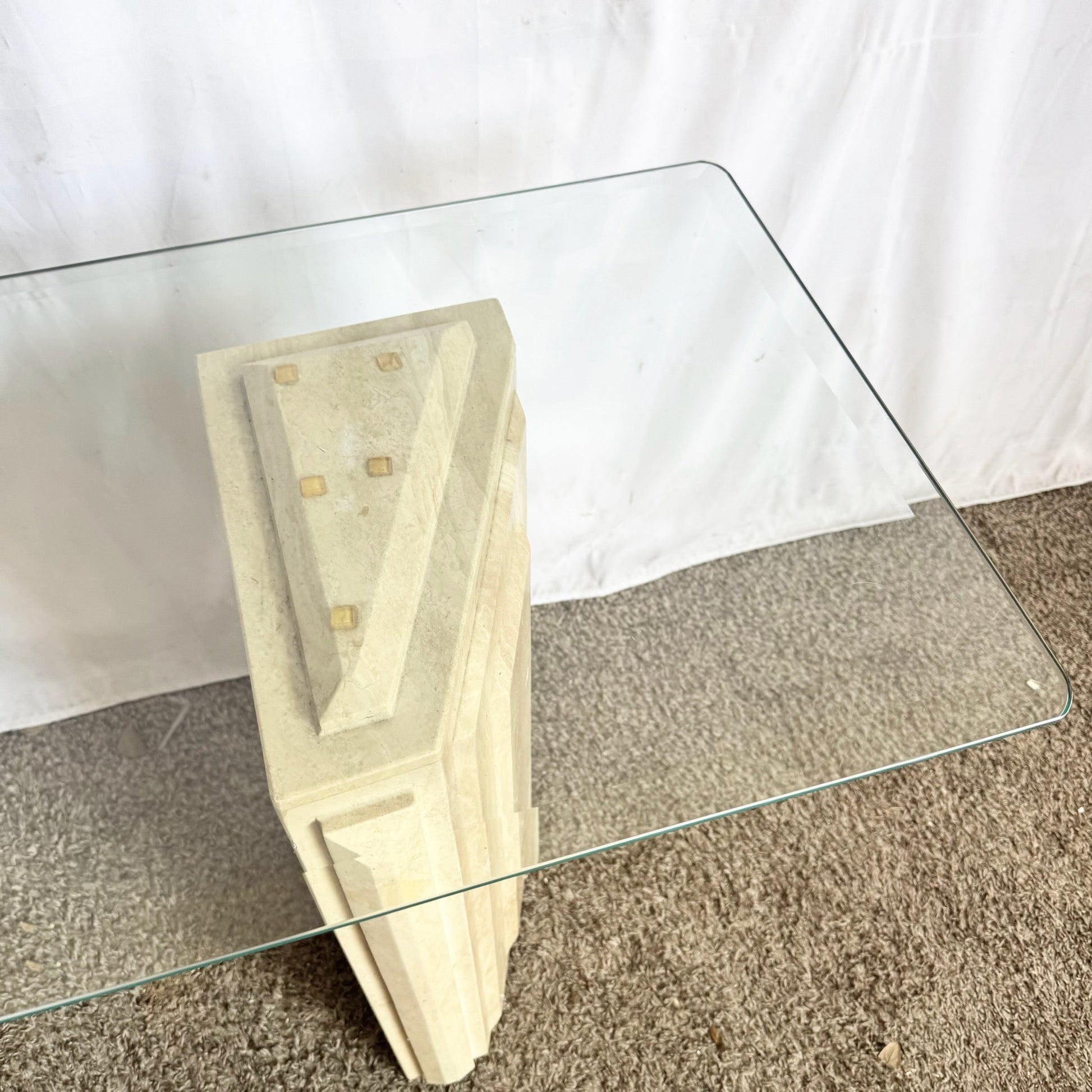 Vintage Glass Top Travertine Pedestal Console Table Dolphin & Flamingo